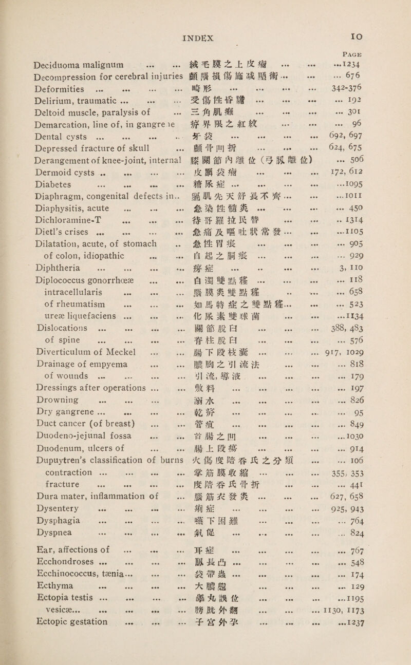 Declduoma malignum ... • • • 城毛膜么上皮瘤 . • • • Page ••• 123斗 Decompression for cerebral injuries 願職損傷施减鹽術. • •参 ... 676 Deformities ... … ... 田記 . • • . • • • ♦ • 342-376 Delirium, traumatic ... ... • • • 受傷性昏謂… • • « • •• ...192 Deltoid muscle, paralysis of • • • S巧肌攤 ... ♦ •• ♦ ♦ ♦ ... 301 Demarcation, line of, in gangre le 游界腿之紅紋 ， 1 • ♦ • ■ • ... 96 Dental cysts . ... ♦、' 巧袋 … … « • • » ♦ ■ 692, 697 Depressed fracture of skull 願晋削拆 ... * • • • • • 624, 675 Derangement of knee-joint, internal 膝關節內離化（弓賊離化） ... 5o6 Dermoid cysts. • •• 皮鹏袋瘤 ... •参♦ • ■ • 172, 612 ••• ••• ••• ■ ■ ■ 糖展症... ... ♦ ♦ ♦ 9 • • ...1095 Diaphragm, congenital defects in.. 脯肌先灭舒長不齊 • • • • • • ... 1011 Diaphysitis, acute ... ... 怠染性髓炎… a • • ... 450 Dichloramine-T ... ... ♦ ♦ ■ 巧韩羅拉民替 • ♦ ♦ « ♦ • •• 1314 Dietl's crises. 急痛及嗎吐狀常發 • • • ...1105 Dilatation, acute, of stomach 急性胃獲 … • • • ... 905 of colon, idiopathic ... *♦» 自起么顺痕… ♦ ♦ • ... 929 Diphtheria . • ■ • 斑症 • •• • • ■ 3. 110 Diplococcus gonorrhoeae ... • • • 白濁雙點趨… ♦ ♦ ♦ • ■ ♦ ...118 intracellularis . • • • 臘膜炎雙點權 • • 一••参 ... 658 of rheumatism . 如馬特症么雙點趨 ... ... 523 ureas liquefaciens. ♦ • i 化藤素雙球菌 ♦ ♦ • …1134 Dislocations ... . • • • 關節脫曰 … • • • • « ♦ 388, 483 of spine ... . • • • 脊柱脫白 … ♦ ■ ■ ♦ ♦ ♦ ... 576 Diverticulum of Meckel ... ♦ ■ ♦ 腸下段枝囊… • • ♦ « • • 917, 1029 Drainage of empyema ... ♦ • • 臟胸之引流法 • • ■ ♦ • ■ ... 8i8 of wounds ... ... ... • ♦ • 引流，導液 ... ♦ ■ • • « • …1巧 Dressings after operations ... ■ • ■ 败料 . ♦ • • ♦ • • …197 Drowning . ... 溺水 . ♦ • • • • • ... 826 Dry gangrene. 駱游 . ♦ ♦蕾 … 95 Duct cancer (of breast) ... • • * 管盛 . ■ • • • • • ...§49 Duodenojejunal fossa « ♦ ♦ 巧腸么凹 … • • • ...1030 Duodenum, ulcers of ... ♦ ■ ■ 腸上段蕩 … • • • ... 914 Dupuytren’s classification of burns 化傷度睹呑氏之巧類 ♦ • • ...io6 contraction ... . ♦参♦ 掌筋膜収縮… ■ • • • • • 355, 353 fracture . 度陪呑氏骨巧 • • • ... 441 Dura mater, inflammation of 腦筋衣發炎… ♦ • ■ 627, 658 Dysentery . • • 4 鄉症 . ♦ ■ ♦ ♦ ♦ ♦ 925, 943 Dysphagia . 臟下圃難 ... ♦ • ■ • • • …764 Dyspnea . ... 氣促 ... ... • ■ ♦ • • • ... 824 Ear, affections of . • • • 巧症 . • • • • • • ... 76； Ecchondroses. • • • 贼長凸. • » • ■ • ■ ... 548 石echinococcus, t无nia. ♦ • • 袋帶蟲. • • ♦ • • • …174 Ecthyma . • • • 大臟離 … * ♦ • • ■ ♦ …129 Ectopia testis. ♦ 輩丸誤f虫 … ♦ ♦ ■ .1195 vesicse... . • • « 臟腕化獅 ... • • • • • • 1130, 1173 Ectopic gestation . ♦ ♦ • 乎宮抑舉 ... • ♦ ♦♦ ...1237
