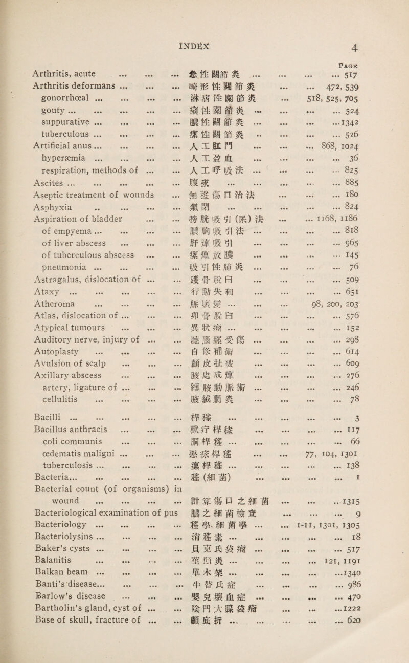 計算傷口之細菌 濃之細菌檢查 權學,紳菌學… 沿趨素. 貝克巧袋瘤... 莖頭炎. 單木架. 半替氏症 ... 嬰巧攘血症… 陰門乂源袋瘤 顧底折. 念,性關節焚… 崎形性關節炎 琳病性關節炙 纔性關節炙… 騰性關節炎… 潔挫關節炎.. 人工拍:門 … 人工盈化 ... 人工呼吸法… 腹添 … … 無罐傷口洁法 氣閉 . 畴脫吸引(張)法 膽胸吸引法… ,巧舊吸引 ... 療遵故腦 … 吸引挫肺炎... 碟营脫白 ... 行動失和 ... 脈壊變. 卯骨脫白 ... 異狀痛. 髓腦經受傷… 自修補術 ... 顧皮姐:破 ... 赔處成虜 ... 縛腑動脈術… 腺滅腮炙 ... Pag巧 • •• …517 … 472, 539 518, 525, 705 • •• • 524 • • •• 1 342 •• • • • • 3 26 ... 868, 1024 • 36 .825 .885 ... ...i8o ... ... 824 ... 1168, 1186 .818 ••• • •• 965 ••• 145 ••• 76 .509 ,•• • 651 98, 200, 203 .576 • ••• 152 … ... 298 ■ 614 … …6o9 … …276 • •• . • • 246 7 ^ 3 I I7 •», 66 77,叫 1301 .138 ••• ••’ 1315 • *• •9 I-II, 1301, 1305 ■ ♦ 18 ••• •一 5^7 • •• I2I, II9I ,•• .••1340 • • • . • • 986 4^0 .1222 ... …620 Arthritis, acute . Arthritis deformans. gonorrhoeal. gouty suppurative. tuberculous ... Artificial anus. hyperaemia. respiration, methods of . ••• ••• ••• ••• ••• Aseptic treatment of wounds ... •• ••• ••• ••• Aspiration of bladder . of empyeiTia ••• ••• ••• ••• of liver abscess . of tuberculous abscess . pneumonia .. Astragalus, dislocation of. tsxy Atheroma ... . ... Atlas, dislocation of. Atypical tumours . Auditory nerve, injury of . Autoplasty . Avulsion of scalp ••• ••• Axillary abscess . artery, ligature of ... ... ... cellulitis ••• ••• ••• ••• ••• Bacillus anthracis . coli communis . oedematis maligni ... . tuberculosis. Bacterial count (of organisms) in wound ... ... ... ... Bacteriological examination of pus Bacteriology. Bacteriolysins. Baker’s cysts. Balanitis ... . Balkan beam. Banti’s.disease. Barlow's disease . Bartholin’s gland, cyst of. Base of skull, fracture of. 重乘寶 辟趨梓趨^ 磯巧梓炼梓巧 梓獸晌惡潔趨