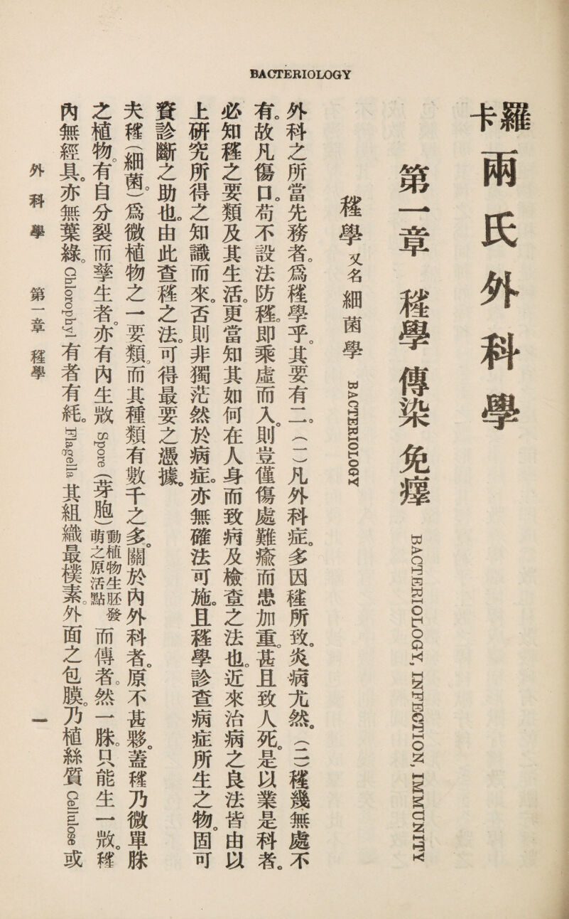 羅 涵 輔兩氏外科擧 第一章磯學傅染免攘 访ACT?田巧ICIioGY, IN巧巧GTION, WMMUNrrw 權學又名細菌攀WA召ERIOLO葛 外科之所當先務氣爲機學乎其要有二(一)凡外科乾多因穗所報炎猶尤統三)機幾無處不 氣故凡傷扣苟不設法防潘郎乘虛而人則登樓傷處難癒而患加重違且致人呢是攻業是科氣 必知權之要類及其生瓶更當知其如何在人身而致病及檢蜜之法化近來治病么良法皆曲巧 上研究所得之知識而來否則非獨范然於病扳亦無確法可施且禮學診查病症所生之物。固可 資診斷之肋化曲此查權之化可得最要之憑據 夫釋掘祗)爲微植物之一要鼠而其種類有數千之多。關於內外科者。原不甚敕蓋穩乃微單騰 之植物。有自<刀裂而擎生者。亦有巧生微Spore (芽胞)獅舖騰酸難發而傳氣然J騰口寵生一槪稽 巧無經具。亦無葉級旨§量一有者有瓶昏g。賢其組織最樸素外面之包騰乃植絲質0堅己§或 外科攀第一章釋學 -