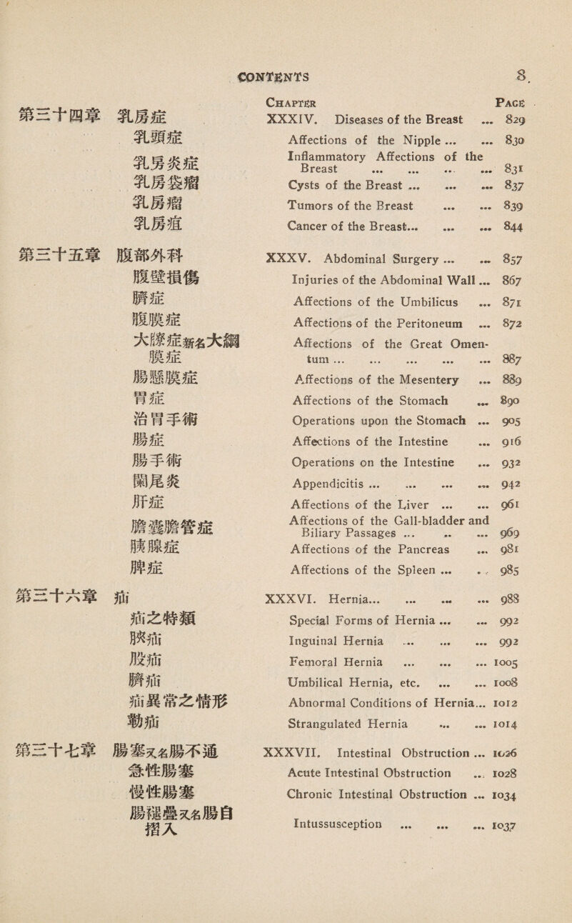 第s十四章 Chapter Pag這 乳房遙 XXXIV. Diseases of the Breast ... . 829 乳頭症 Affections of the Nipple. .Sjo 乳房炎症 Inflammatory Affections of the Breast .. ... 83s 乳房裳溜 Cysts of the Breast.. ' 837 乳房瘤 Tumors of the Breast . 棘 乳房痘 Cancer of the Breast... ... ... 844 第s千五毒 腹部外科 XXXV. Abdominal Surgery ... •- 857 膽壁損傷 Injuries of the Abdominal Wall... 857 麟症 Affections of the Umbilicus ... 871 腹膜遮 Affections of the Peritoneum ... 872 大臟症新名大，綱 A flections of the Great Omen- 膜症 tum • • 9 987 臟懸膜症 Affections of the Mesentery ... 游9 胃症 Affections of the Stomach ... 孩90 治胃手術 Operations upon the Stomach ... 9^5 腸遮 Affections of the Intestine ... 916 腸手術 Operations on the Intestine ... 932 關尾炎 Appendicitis.. 942 巧遮 A任ections of the Liver . g6i 膽囊赡管遮 Affections of the Gall-bladder and Biliary Passages ... .. ... 969 腺腺症 Affections of the Pancreas 。.. 98 £ 牌症 Affections of the Spleen ... 狐 第云十六章 痛 Premia. ••• 988 痛之特類 Special Forms of Hernia. 992 峽疵 Inguinal Hernia .. 992 股術 Femoral Hernia . 1005 麟痛 Umbilical Hernia, etc. ioo8 痛異常之馈形 Abnormal Conditions of Hernia... 1012 敬茄 Strangulated Hernia ... • 1014 第s十屯凳腸塞义名腸不通 急性腸塞 慢性腸塞 腸穗疊义名腸自 摺入 XXXVII, Intestinal Obstruction ... 1026 Acute Intestinal Obstruction …1028 Chronic Intestinal Obstruction ... 1034 Intussusception .1037