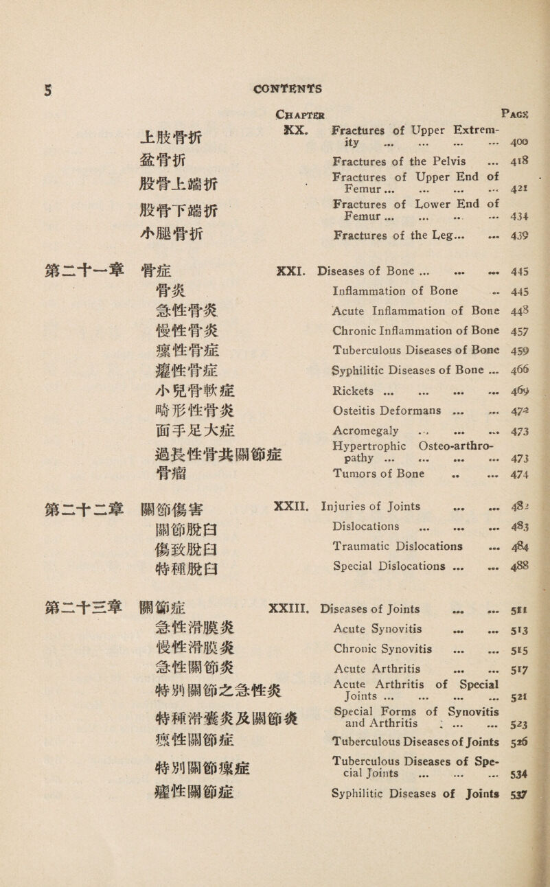 第二十一章 第二千二章 第二千S寧 CONTENT'S Chapter Pag》: 上肢骨巧 KX. Fractures of Upper Extrem¬ ity ••• ••• ••• ••• 4前 盈骨巧 Fractures of the Pelvis ... 4!8 股骨上端巧 - Fractures of Upper End of Femur.. 42! 股骨下端巧 Fractures of Lower End of Femur. — 434 小腿骨折 Fractures of the Leg. 4双 骨症 XXI. Diseases of Bone. … 445 骨炎 Inflammation of Bone 445 急性骨炎 Acute Inflammation of Bone 443 慢性骨炎 Chronic Inflammation of Bone 457 攘性骨症 Tuberculous Diseases of Bone 459 瘦性骨症 Syphilitic Diseases of Bone ... 4舶 小兒骨軟症 Idiolects ••• ••• ••• ••• 4如 晦形性骨炎 Osteitis Deformans.. 47^ 面手足大症 Acromegaly . 473 過長性骨共關節症 Hypertrophic Osteo-arthro- pathy. 473 骨瘤 Tumors of Bone .. ... 474 願節傷害 XXII. Injuries of Joints ... ... 猜J 關節脫白 Dislocations . 俯 傷致脫a Traumatic Dislocations ... 姆4 特穗脫a Special Dislocations. 4機 願锁症 XXIII. Diseases of Joints ••• ... 5:* 急性滞膜炎 Acute Synovitis . 513 慢性滞膜炎 Chronic Synovitis . 5巧 急性關節炎 Acute Arthritis . 5巧 特則關節之急性炎 Acute Arthritis of Special Joints ... ... • 521 特穗滞囊炎及關節炎 Special Forms of Synovitis and Arthritis :... ... 5之3 辕性願節症 Tuberculous Diseases of Joints 5始 特別關節辕症 Tuberculous Diseases of Spe¬ cial Joints ... ... ... 534 瘦性關節症 Syphilitic Diseases of Joints 537