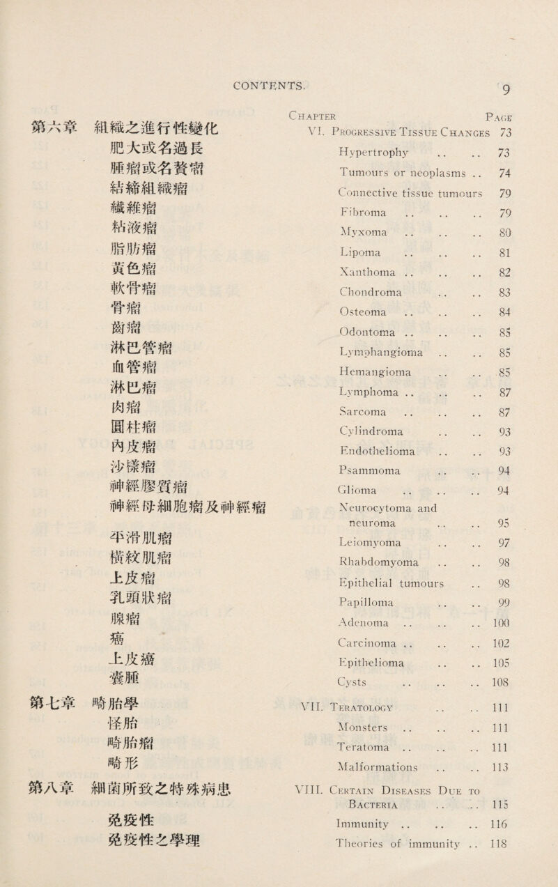 第六章組織之進行性變化 肥大或名過長 腫瘤或名贅t? 結締組織瘤 纖雜瘤 粘液瘤 脂肪瘤 黃色瘤 軟骨瘤 骨瘤 齒瘤 淋巴管瘤 血管瘤 淋巴瘤 肉瘤 圓拄瘤 內皮瘤 沙樣瘤 神經膠質瘤 神經母細胞瘤及神經瘤 平滑肌瘤 撗紋肌瘤 上皮瘤 乳頭狀瘤 腺瘤 癌 上皮癌 囊腫 第七章畸胎學 怪胎 畸胎瘤 畸形 第八章細菌所致之特殊病患 免疫性 免疫性之學理 Chapter Page VI. Progressive Tissue Changes 73 Hypertrophy . • •. 73 Tumours or neoplasms .. 74 Connective tissue tumours 79 Fibroma .. .. 79 Myxoma .. •. .. 80 Lipoma .. .. .. 81 Xanthoma .. .. .. 82 Chondroma •. .. 83 Osteoma .. .. .. 84 Odontoma .. .. ■. 85 Lymphangioma . • . . 85 Hemangioma .. . • 85 Lymphoma .. .. .. 87 Sarcoma .. .. .. 87 Cylindroma ,. . . 93 Endothelioma ■. .. 93 Psammoma .. .. 94 Glioma . • .. •. 94 Neurocytoma and neuroma . . .. 95 Leiomyoma .. .. 97 Rhabdomyoma .. .. 98 Epithelial tumours •. 98 Papilloma .. .. 99 Adenoma .. . • .. 100 Carcinoma .. .. . . 102 Epithelioma .. .. 105 Cysts •. .. .. 108 \*II. Teratology .. .. Ill Monsters.Ill Teratoma .. .. .. Ill Malformations .. .. 113 VIII. Certain Diseases Due to Bacteria .. :. 115 Immunity .. .. .. 116 Theories of immunity .. 118