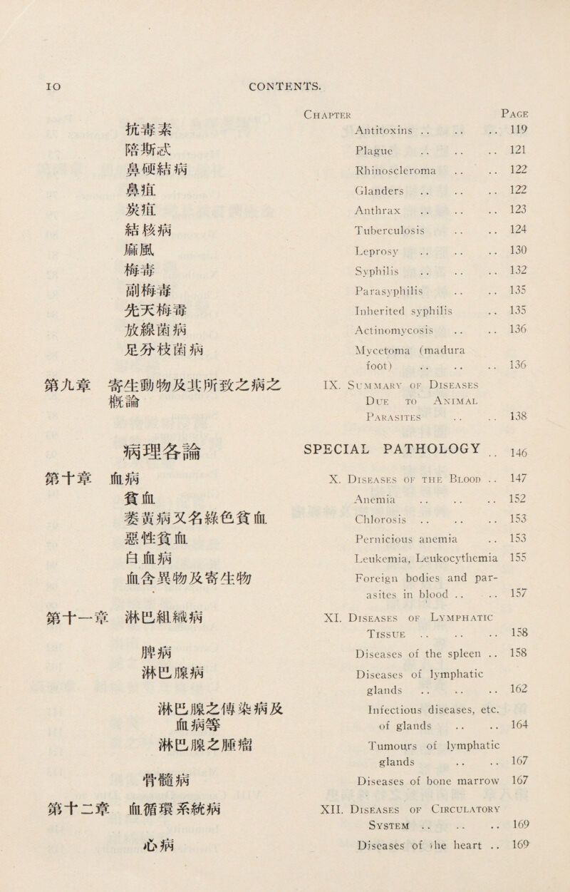 Chapter Page 抗毒素 Antitoxins •. .. .. 119 陪斯忒 Plague .. .. 121 鼻硬結病 Rhinoscleroma •. 122 鼻疽 Glanders .. .. 122 炭疽 Anthrax .. •. 123 結核病 Tuberculosis . • .. 124 痲風 Lepros)^ .. •. 130 梅毒 Syphilis • . •. 132 副梅毒 Parasyphilis .. 135 先天梅毒 Inherited syphilis 135 放線菌病 Actinomycosis •. 136 足分枝菌病 Mycetoma (maclura foot) .. .• 136 第九章 寄生動物及其所致之病之 IX. Summary of Diseases 槪論 Due to Animal Parasites . • . • 138 病理各論 SPECIAL PATHOLOGY 146 第十章 血病 X. Diseases of the Blood 147 貧血 Anemia .. .. 152 萎黃病又名綠色貧血 Chlorosis .. .. 153 惡性貧血 Pernicious anemia 153 白血病 Leukemia, Leukocythemia 155 血含異物及寄生物 Foreign bodies and par¬ 亀 asites in blood .. 157 第十一章淋巴組織病 XI. Diseases of Lymphatic Tissue .. .. 158 脾病 Diseases of the spleen 158 淋巴腺病 Diseases of lymphatic glands .. .. 162 淋巴腺之傳染病及 Infectious diseases, etc. 血病等 of glands .. 164 淋巴腺之腫瘤 Tumours of lymphatic glands . • 167 骨髓病 Diseases of bone marrow 167 第十二章血循環系統病 XII. Diseases of Circulatory System . • •. 169 心病 Diseases of >he heart .. 169