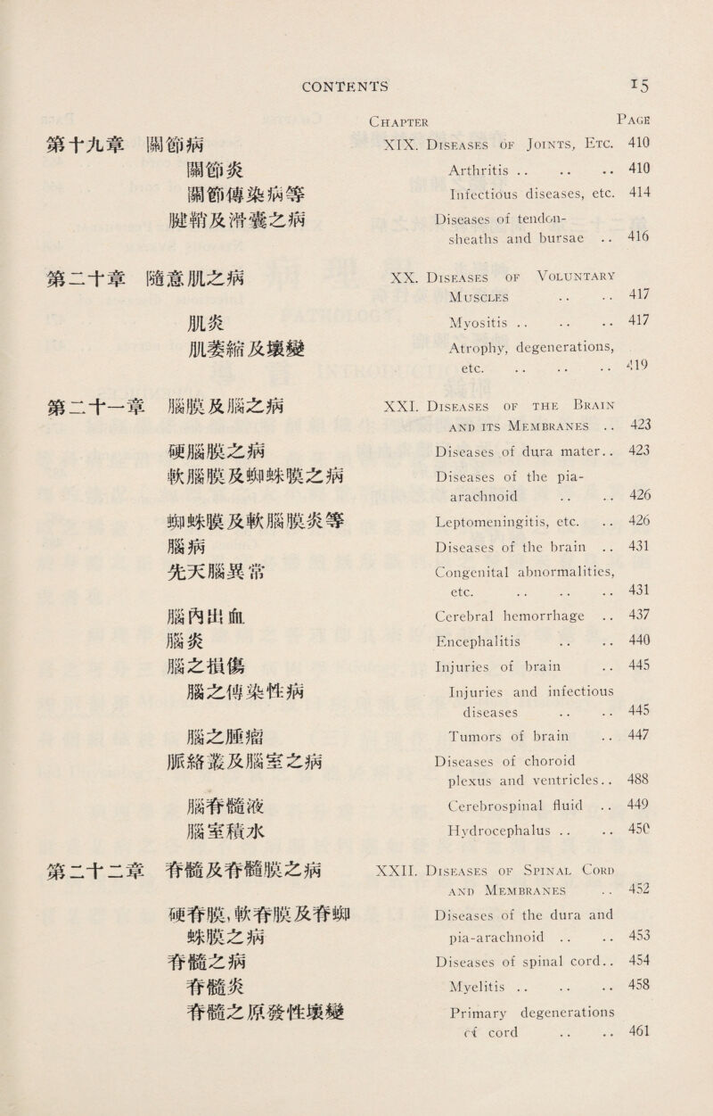 第十九章關節病 關節炎 關節傳染病等 臟鞘及滑囊之病 第二十章隨意肌之病 肌炎 肌萎縮及壤變 第二十一章腦膜及腦之病 硬腦膜之病 軟腦膜及蜘蛛膜之病 蜘蛛膜及軟腦膜炎等 腦病 先天腦異常 腦內出血 腦炎 腦之損傷 腦之傅染性病 腦之腫瘤 脈絡叢及腦室之病 腦脊髓液 腦室積水 第二十二章脊髓及脊髓膜之病 硬脊膜,軟脊膜及脊蜘 蛛膜之病 脊髓之病 脊髓炎 脊髓之原發性壤變 Chapter Page XIX. Diseases of Joints, Etc. 410 Arthritis .. .. 410 Infectious diseases, etc. 414 Diseases of tendon- sheaths and bursae . • 416 XX. Diseases of Voluntary Muscles .. . • 417 Myositis . . . • .. 417 Atrophy, degenerations, etc. .. .. .. 419 XXI. Diseases of the Brain and its Membranes . • 423 Diseases of dura mater.. 423 Diseases of the pia- arachnoid .. .. 426 Leptomeningitis, etc. •. 426 Diseases of the brain .. 431 Congenital abnormalities, etc. .. •. .. 431 Cerebral hemorrhage •. 437 Encephalitis .. .. 440 Injuries of brain .. 445 Injuries and infectious diseases .. .. 445 Tumors of brain .. 447 Diseases of choroid plexus and ventricles.. 488 Cerebrospinal fluid .. 449 Hydrocephalus .. .. 450 XXII. Diseases of Spinal Cord and Membranes . • 452 Diseases of the dura and pia-arachnoid .. .. 453 Diseases of spinal cord.. 454 Myelitis .. .. .. 458 Primary degenerations H cord . • .. 461