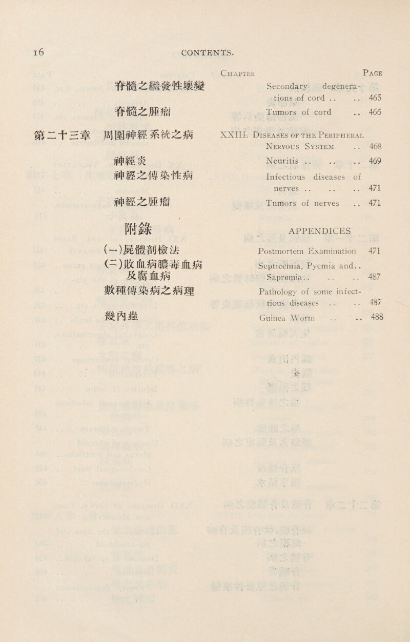 第二十三章 Chapter Page 脊髓之繼發性壤變 Secondary- degenera¬ tions .-of cord .. .. 465 脊髓之腫瘤 Tumors of cord .. 466 周圍神經系铳之病 XXIII. Diseases of the Peripheral Nervous System 468 神經炎 Neuritis .. .. .. 469 神經之傳染性病 Infectious diseases of nerves .• .. 471 神經之腫瘤 Tumors of nerves 471 附錄 APPENDICES (―)屍體剖檢法 Postmortem Examination 471 (二）敗血病膿毒血病 Septiceinia, Pyemia and.. 及腐血病 Sapremia.. … 487 數種傳染病之病理 Pathology of some infect- tiovts diseases .. .. 487 幾內蟲 Guinea Worm . 488