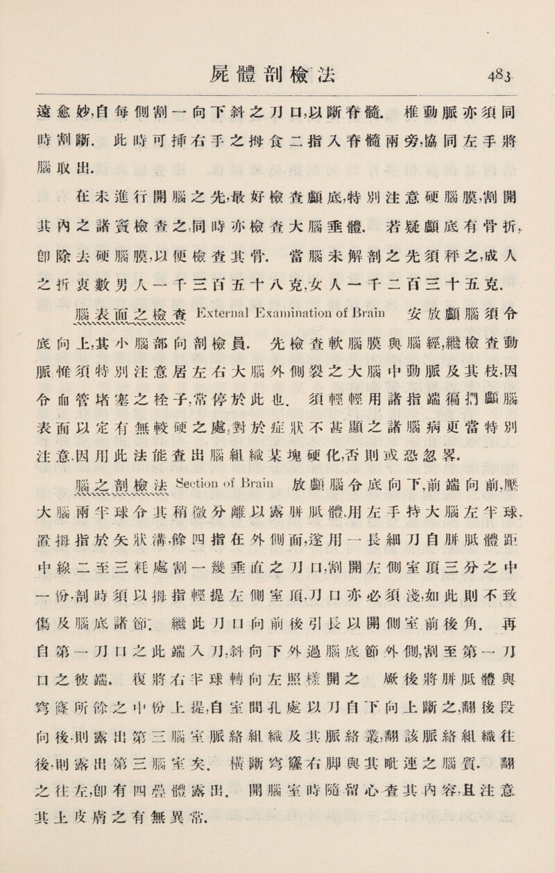 屍體剖檢7去 4§3 遠愈妙，自每側割一向下斜之刀口，以斷脊髓.椎動脈亦須同 時割斷•此時可揷右手之拇食二指入脊髓兩旁，協同左手將 腦取出• 在未進行開腦之先，最好檢查顱底，特別注意硬腦膜，割開 -其內之諸寶檢查之，同時亦檢查大腦垂體.若疑顱底有骨折， 卽除去硬腦膜，以便檢查其骨.當腦未解剖之先須秤之，成人 之折衷數男人一千三西五十八克，女人一千二百三十五克. 腦表面之檢奄External Examination of Braiu 安放顱腦須令 〜1VVXW'、'〜〜〜、〜 底向上，其小腦部向剖檢員.先檢查軟腦膜與腦經，繼檢查動 脈惟須特別注意居左右大腦外側裂之大腦中動脈及其枝，因 令如管堵塞之栓子，常停於此也.須輕輕用諸指端徧扔顱腦 表面以定有無較硬之處r對於症狀不茜顯之諸腦病更當特別 注意.因用此法能査出腦組織某塊硬化，否則或恐忽畧. 腦之剖檢法Section of Brain放顱腦令底向下，前端向前，壓 大腦兩半球令其稍微分離以露胼胝體•用左手持大腦左半球， 置拇指於矢狀溝，餘四指在外側面，遂用一長細刀自胼胝體距 中線二至三粍處割一幾垂直之7] 口，割開左側室頂三分之中 一份，剖時須以拇指輕提左側室頂，刀口亦必須淺，如此則不致 傷及腦底諸節：繼此刀U向前後引長以開側室前後角.再 自第一刀U之此端入7],斜向下外過腦底節外側，割至第一刀 口之彼端.復將右半球轉向左照樣開之厥後將胼胝體與 穹窿所餘之中份上提，自室間孔處以刀自下向上斷之，翻後段 向後•則露出第三腦室脈絡組織及其脈絡叢，翻該脈絡組織往 後•則露出第三腦室矣.橫斷穹窿右脚與其毗連之腦質•翻 之往左，卽有四經體露出.開腦室時隨留心査其內容，且注意 其上皮膚之有無異常•