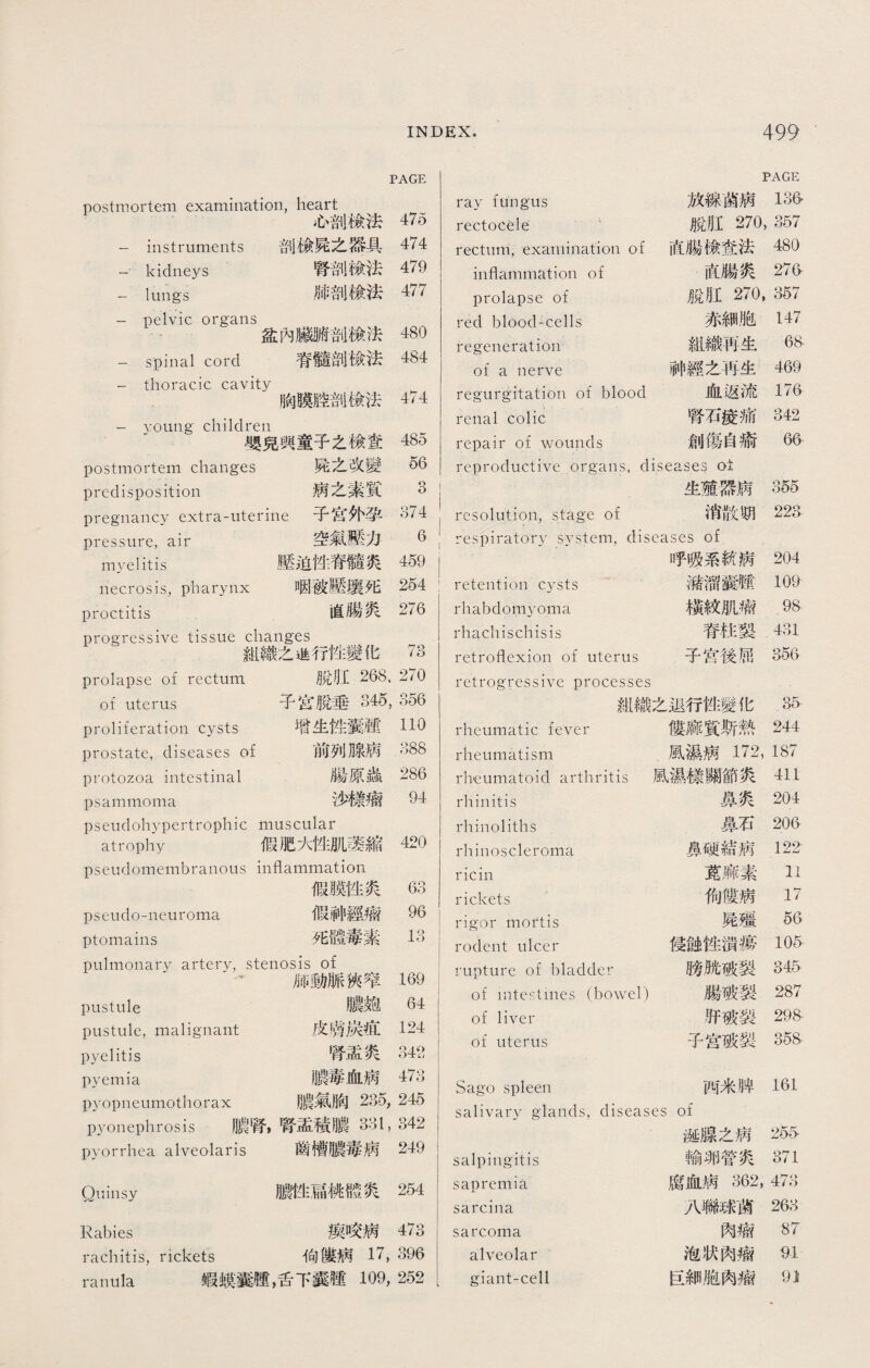 PAGE PAGE postmortem examination, heart ray fungus 放線窗病 13& 心剖法 475 rectocele 脫肛270, 357 -instruments 剖檢屍之器具 474 rectum, examination of 直腸檢查法 480 -kidneys 腎剖檢法 479 inflammation of 直腸炎 276 -lungs 肺剖檢法 477 prolapse of 脫肛270, 357 -pelvic organs red blood-cells 赤細胞 147 ，m • r 盆內臟腑剖檢法 480 regeneration 組織再生 68- -spinal cord 脊髓剖檢法 484 of a nerve 神經之再生 469 -thoracic cavity 胸膜腔剖檢法 474 regurgitation of blood 血返流 176 -young children renal colic 腎石痠痛 342 嬰兒興童子之檢窆 485 repair of wounds 創傷自瘉 66 postmortem changes 屍之改變 56 reproductive organs, diseases oi predisposition 病之素質 3 生殖器病 355 pregnancy extra-uterine 子宮外孕 374 resolution, stage of 消散朗 223 pressure, air 空氣壓力 6 respiratory system—，diseases of myelitis 壓迫性脊髓炎 459 呼吸系統病 204 necrosis, pharynx 咽被壓壤死 254 retention cysts 潴溜囊® 109 proctitis 直腸炎 276 rhabdomyoma 橫紋肌瘤 98 progressive tissue changes rhachischisis 脊柱製 481 組織之進行性變化 73 retroflexion of uterus 子宮後屈 356 prolapse of rectum 脫肛268, 270 retrogressive processes of uterus 子宫脫垂345, 356 紺織之退行性變化 35 proliferation cysts 增生性囊腫 110 rheumatic fever 僂麻質斯熱 244 prostate, diseases of 前列腺病 388 rheumatism 風濕病172, 187 protozoa intestinal 腸原蟲 286 rheumatoid arthritis 風濕樣關節炎 411 psammoma 沙樣瘤 94 rhinitis 鼻炎 204 pseudohypertrophic muscular rhinoliths 鼻石 206 atrophy 假肥大性肌_縮 420 rhinoscleroma 鼻硬結病 122- pseudomembranous inflammation ricin 莧麻素 11 假膜性炎 63 rickets 佝瞜病 17 pseudo-neuroma 假神經痫 96 rigor mortis 屍邊 56 ptomains 死體毒素 13 rodent ulcer 侵蝕性m瘍 105 pulmonary artery, stenosis of 169 rupture of bladder 膀晄破裂 345 pustule 膿皰 64 of intestines (bowel) of liver 腸破裂 肝破裂 287 298- pustule, malignant 皮虜炭疽 124 of uterus 子宮破裂 358 pyelitis 腎盂炎 342 pyemia 臘毒血病 473 Saeo spleen 两来睥 161 pyopneumothorax 膿氣胸235, ^45 salivary glands, diseases of pyonephrosis 膿腎，賢孟積膿331, 涎腺户病 255- pyorrhea alveolaris 齒槽膿毒病 249 salpingitis 輸卵管炎 371 Quinsy 膿性扁桃體炎 254 sapremia 腐血病362 478 sarcina 八聯球菌 268 Rabies 瘈咬病 473 sarcoma 肉瘤 87 rachitis, rickets 伯)僂病17, 396 alveolar 泡状肉瘤 91 raimla 蝦蟆囊®，舌下囊腫109 252 giant-cell 巨細胞肉瘤 91