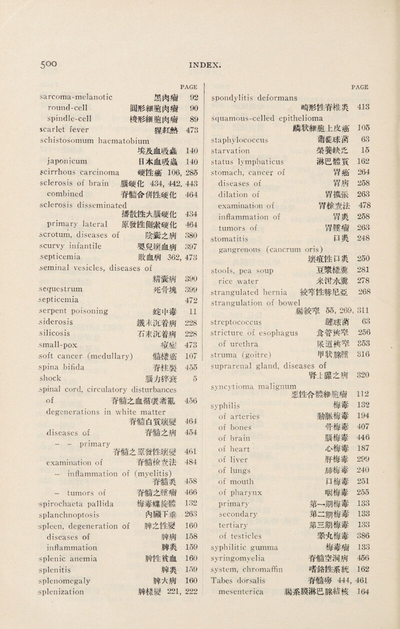 PAGE PAGE sarcoma-melanotic 黑肉瘤 92 spondylitis deformans round-cell 圓形細胞肉瘤 90 崎形性脊椎炎 413 spindle-cell 梭形細胞肉瘤 89 squamous-celled epithelioma scarlet fever 猩紅熱 473 鱗狀細胞上皮癌 105 •schistosomum haematobium staphylococcus 葡萄球菌 63 埃及血吸蟲 140 starvation 榮養缺乏 15 japonicum 日本血吸蟲 140 status lymphaticus 淋巴體K 162 scirrhous carcinoma 硬性癌〗06, 285 stomach, cancer of 胃癌 264 sclerosis of brain 腦硬化434, 442. 443 diseases of 胃病 258 combined 脊髓合併性哽化 464 dilation of 胃擴張 263 sclerosis disseminated examination of 胃檢查法 478 播散彳生大臘硬化 434 inflammation of 胃炎 258 primary lateral 原發性側索硬化 464 tumors of 胃腫瘤 263 ■scrotum, diseases of 陰囊之病 380 stomatitis 口炎 248 scurvy infantile 嬰兒壤血病 397 gangrenous (cancrum oris) septicemia 敗血病362, 473 壤疽性口炎 250 ■seminal vesicles, diseases of stools, pea soup 豆漿樣糞 281 精囊病 390 rice water 米泔水糞 278 .sequestrum 死骨塊 399 strangulated hernia 絞窄性赫尼亞 268 septicemia 472 strangulation of bowel serpent poisoning 蛇屮毒 11 腸絞窄55, 269, 311 ■siderosis 鐵末沉着病 228 streptococcus 鏈球菌 63 .silicosis 石末沉着病 228 stricture of esophagus 食管狹窄 256 .small-pox 痘症 473 of urethra 尿道狹窄 S53 =soft cancer (medullary) 髓樣癌 107 struma (goitre) 甲状腺種 316 spina bifida 脊柱裂 455 suprarenal gland, diseases of shock 腦力猝衰 5 腎_t腺之病 320 ■spinal cord, circulatory disturbances syncvtioma malignum 惡性合體細胞瘤 112 of 脊髓之血循瑷紊亂 456 syphilis 梅毒 132 degenerations in white matter 脊髓白質壤變 464 of arteries of bones 動脈梅毒 骨梅毒 194 407 diseases of 脊彳隨之病 454 of brain 腦梅毒 446 -—primary 脊髓之原發性壤變 461 of heart 心梅毒 187 examination of 脊髓檢查法 484 of liver 肝梅毒 299 —inflammation of (myelitis) of lungs 肺梅毒 240 脊髓炎 458 of mouth 口梅毒 251 -tumors of 脊髓之種瘤 466 of pharynx 咽梅毒 255 -spirochaeta pallida 梅毒螺旋體 132 primary 第一期梅毒 133 splanchnoptosis 內臟下垂 263 secondary 第二期梅毒 133 :spleen, degeneration o£ 脾之性變 160 tertiary 笫三期梅毒 133 diseases of 脾病 158 of testicles 睪丸梅毒 386 inflammation 脾炎 159 syphilitic gumma 梅毒瘤 133 splenic anemia 脾性貧血 160 syringomyelia 脊髓空洞病 456 splenitis 脾炎 159 system, chromaffin 嗜鉻性系統 162 •splenomegaly 脾大病 160 Tabes dorsalis 脊髓癆444, 461 splenization 脾樣變221， 222 mesenterica 腸系膜淋巴腺結核 164