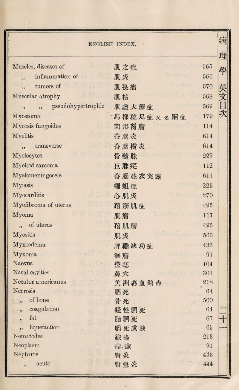 Muscles, diseases of ,， inSammation of ,, tumors of Muscular atrophy ，， „ pseudohypertrophic Mycetoma Mycosis fungoides Myelitis „ transverse Myelocytes Myeloid sarcoma Myelomeningocele Myiasis Myocarditis Myofibroma of uterus Myoma ! ‘，， of uterus ,,liquefaction 。，' Nematodes . Neoplasm Nephritis ,, acute 肌之症 肌炎 肌長潜 肌枯 肌虛大戀症 ’馬都粒足症又名綱症 菌形镑潜 脊腦炎 脊腦橫炎 骨髓祿 宜滕涛 脊腦並衣突露 a姐症 必肌炎 稽筋肌症 肌瘤 搭肌瘤 鹏死成液 線蟲 瘤，靡 腎炎 腎急炎 病理學英义目次 /t /i cc 6 6 7 6 5 5 5 5 9 9 4 4 4 9 2 6 7 r-j 1 12 1 5 1 1 6 6 2 1