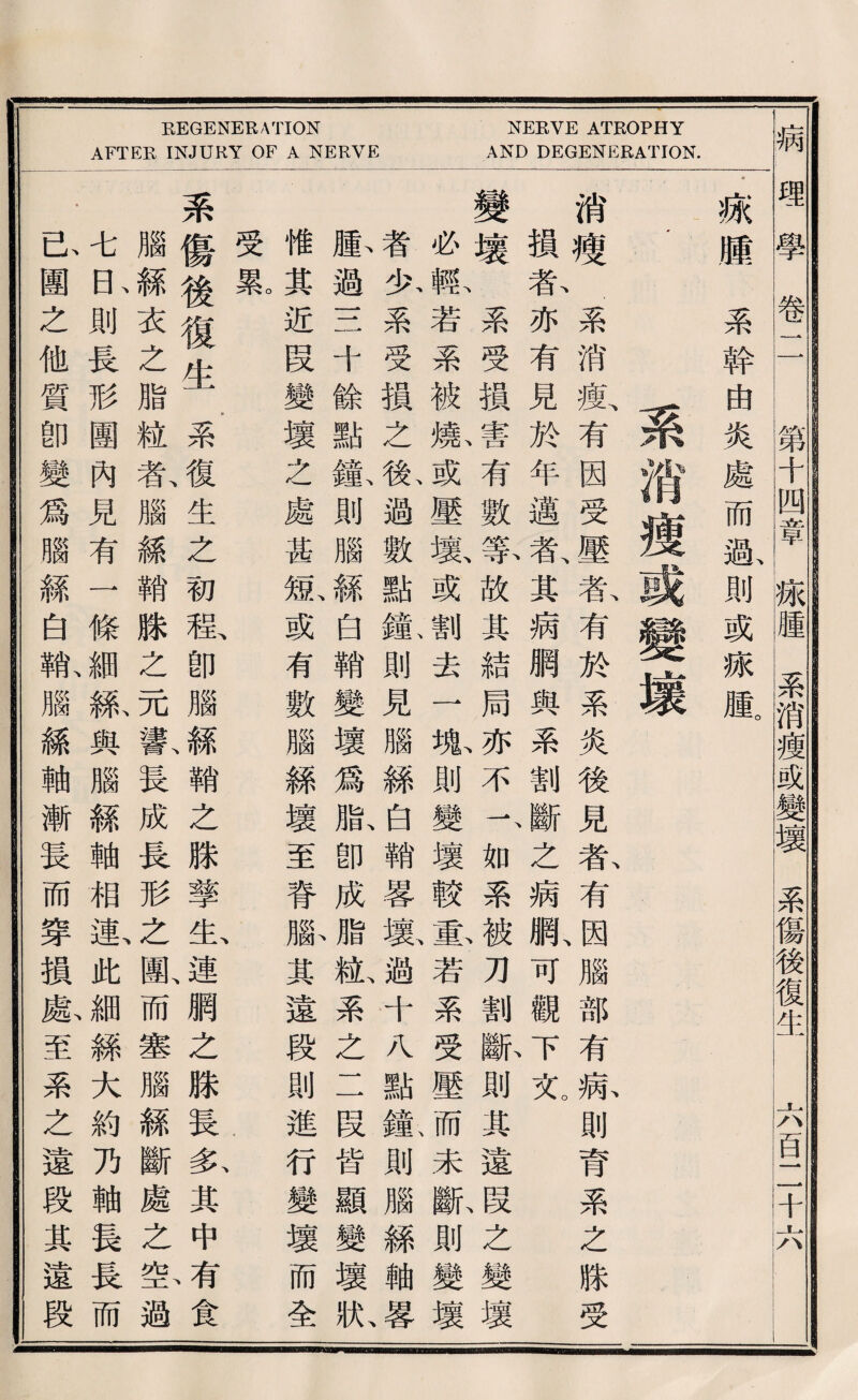 REGENERATION NERVE ATROPHY AFT EE INJURY OF A NERVE AND DEGENERATION. •綠腫系幹曲炎處而漸則或齋政 .系消瘦或變壞 消瘦.系消數有因受壓氣有於系炎後見款有因腦部有病則育系之滕受 摸东亦有見於年邁氧其病網輿系割斷之病脈可觀下克 變壞系受損害有數暮故其結局亦不1、如系被刀割離則其遠段之變壞 必輸若系被擦或壓數或割去一狐則變壞較塞若系受壓而未鉱則變壞 者失系受損之歡過數點鑑則見腦絲白雜嚳敷過十八點鑑則腦絲軸5^ 豚過一二十餘點鑑則腦絲白雜變壞爲版卽成脂紙系之二段皆顯變壞鮮 .惟其近段變壞之處甚鉱或有數腦絲壞至脊艦某遠段則進行變壞而全 受黑 .、 系傷後復生系復生之初殺卽腦絲銷之滕擎生、連網之滕長务其中^食 腦絲衣之脂髓扳腦絲銷滕之元歡長成長形之駄而塞腦絲斷處之祭過 韦0^則長形團內見有一條細嚴與腦絲軸相塞此細縣大約乃軸長長而 ’已圍之他質卽變爲腦縁白歡腦線軸漸長而穿損獻至系之遠段其遠段 病埋學卷二；鑛，^章疵腫系消瘦或變壞系傷後復生 六百二十六