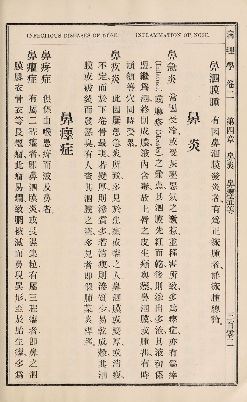 INFECTIOUS DISEASES OF NOSE. INFLAMMATION OF. NOSE. 鼻澗膜腫有因鼻洒麟發炎者、有爲正源腫者、詳源腫總論。 I鼻急炎常因受冷、或受灰塵惡氣之激氣並權筆；所敢多爲穫^^、亦有爲痒 I (Infklellza)或麻疹(Miles)之兼患其测膜先紅而乾後則滲巧多液某液初係 I 盟^繼爲狐終則成臟液內含暮故上唇之皮生漏與觀鼻测膨或腫瓜有時 橋額等穴同時受黑 I鼻疚^^此因屢患急炎所敗多見於患攘或權之人鼻测膜或變默或消敏 I 不忠而於下卷骨最乳若變熙則滲質斬若消數則滲質少易乾成獻其测 膜或破裂而發惡氮有人查其测麟之亂多見者卽似肺葉炎桿报 j 鼻攘症 I鼻媒症俱係由喉患揉而波及鼻氣 I鼻灌症有屬二程瘦眷卽鼻测膜私或長濕集亂有屬三程權私卽鼻之洒 I 膜胁衣骨衣等長灌觀此瘤易服致網被滅而鼻現異砍至於胎生懇多爲 病理學卷二 第四章薑k炎鼻攘症等 一二百零一