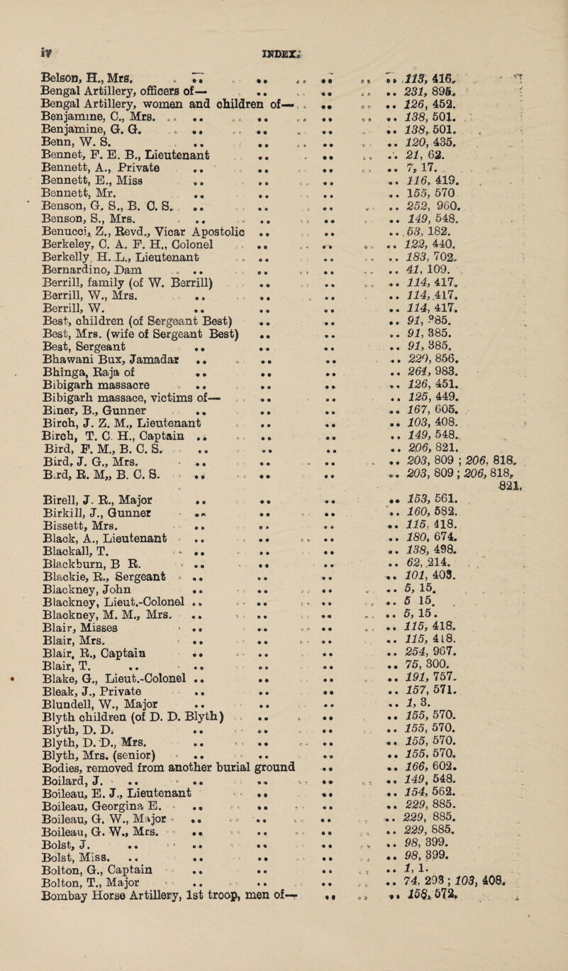 Belson, H., Mrs. . .. 19 * 3 • • $ G 7. 113, 416. • n Bengal Artillery, officers of— • ft * -. ft © £ © .. 231, 895. f Bengal Artillery, women and children of— , • • -5 *r .. 126, 452. Benjamine, C., Mrs. ., • • s 6 ft ft b .. 138, 501. , Ben jamine, G. G. ,, •. « © •» . ft ft t . .. 138, 501. Benn, W. S. • ft i *■ ft ft .. 120,4.35, Bennet, F. E. B., Lieutenant • O * • ft V £■ 21, 62. Bennett, A., Private ,, • • ft ft .. 7, 17. Bennett, E., Miss 0 © * ft 9 .. 116, 419. . Bennett, Mr. • 0 • * ft ft .. 155,570 Benson, G. S., B. C. S. •• • © . i ft 0 f 1 .. 252, 960. Benson, S., Mrs. • • ' fi ft ft ^ . .. 149, 548. Benncci, Z., Revd., Vicar Apostolic • © > ft ft .. 53, 182. Berkeley, 0. A. F. H., Goionel 9 0 i » ft ft ■& V .. 122, 440. Berkelly, H. L„ Lieutenant c © O 0 » *• .. 183, 702. Bernardino, Dam . „. .. © © f 3 ft ft „ y* .. 41, 109. Berrill, family (of W. Berrill) 9 0 '• O ft i 5 .. 114,411' Berrill, W., Mrs. .. 9 0 ft ft .. 114,417. Berrill, W. .. ft ft ft 9 .. 114, 417. Best, children (of Sergeant Best) 9 9 ft ft .. 91, ?85. Best, Mrs. (wife of Sergeant Best) 9 9 ft ft .. 91, 385. Best, Sergeant .. 9 9 ft 9 .. 91, 385. Bhawani Bux, Jamadar ♦. 9 9 ft ft .. 229,856. Bhinga, Raja of .. 9 9 9 9 .. 261, 983. Bibigarh massacre 9 9 ft ft .. 125, 451. Bibigarh massace, victims of— 9 0 ft ft .. 125, 449. Biner, B., Gunner .. 9 9 ft ft .. 167, 605. Birch, J. Z. M., Lieutenant 9 9 « ft .. 103,408. Birch, T. C. H., Captain .. 9 0 ft © .. 149, 548. Bird, F. M., B. C. S. © • ft ft .. 205, 821. Bird, J. G., Mrs. * •, © © «■ • ft r .. 203, 809 ; 206, 818. B,rd, R. M„ B. C. S. . • 9 9 ft 9 .. 203, 809 ; 206, 818, i * • 821. Birell, J. R., Major 9 9 ft ft .. 153, 561. Birki 11, J., Gunner -- 9 9 « ft ft .. 160, 582. Bissett, Mrs. 0 ® © ft 115, 418. Black, A., Lieutenant 9 9 t a- ft 9 .. ISO, 674. Blackall, T. - • • 0 9 • ft .. 13S, 498. Blackburn, B R. •> .. 0 9 • ft .. 52, 214. Blackie, R., Sergeant -* . • 9 © ft 9 .. 101, 403. Biackney, John .. • • f : ft ft *. . •. 5, 15. Blackney, Lieut.-Colonel * * 9 9 £ * 9 9 ■r 5? .. 5 15. . Biackney, M. M.„ Mrs. 9 9 - 4 ft « > .. 5, 15 . Blair, Misses * .. • • * ft ft tl !• .» 115, 418. Blair, Mrs. * •. 9 9 fc ' ft 9 .. 115, 418. Blair, R., Captain •• ft ft ft ft .. 254, 967. Blair, T. .. Oft ft ft .. 75, 300. Blake, G., Lieut.-Colonel .. • • ft ft .. 191, 757. Bleak, J., Private .. 9 ft ft ft .. 157, 571. Blundell, W., Major ft G ft 0 .. 1, 3. Blyth children (of D. D. Blyth) ft • * . ft ft .. 155, 570. Blyth, D. D. 9 9 m ft ft .. 155, 570. Blyth, D. D., Mrs. . • • • * * • ft ,. 155, 570. Blyth, Mrs. (senior) ft • ft © .. 155, 570. Bodies, removed from another burial ground ft ft .. 155, 602. Boilard, J. •« ~ • • ft • Vi ft 9 i * .. 149, 548. Boileau, E. J., Lieutenant • • ft. ft .. 154, 562. Boileau, Georgina E. • • > O ft .. 220, 885. Boileau, G. W., Major * • • ft ft •*. J? ft ft .. 229, 885. Boileau, G. W„ Mrs. •• ft ft ft 0 a »» .. 220, 885. Bolst, J. .. * .. ft ft ft ft © * .. 98, 399. Bolst, Miss. .. .. ft • ft ft .. 98, 399. Bolton, G., Captain ft ft ft ft < s . • 1,1* Bolton, T., Major ft ft ft ft v, v .. 74. 293 ; 103, 408. Bombay Horse Artillery, 1st troop, men of— *. 15& 572.