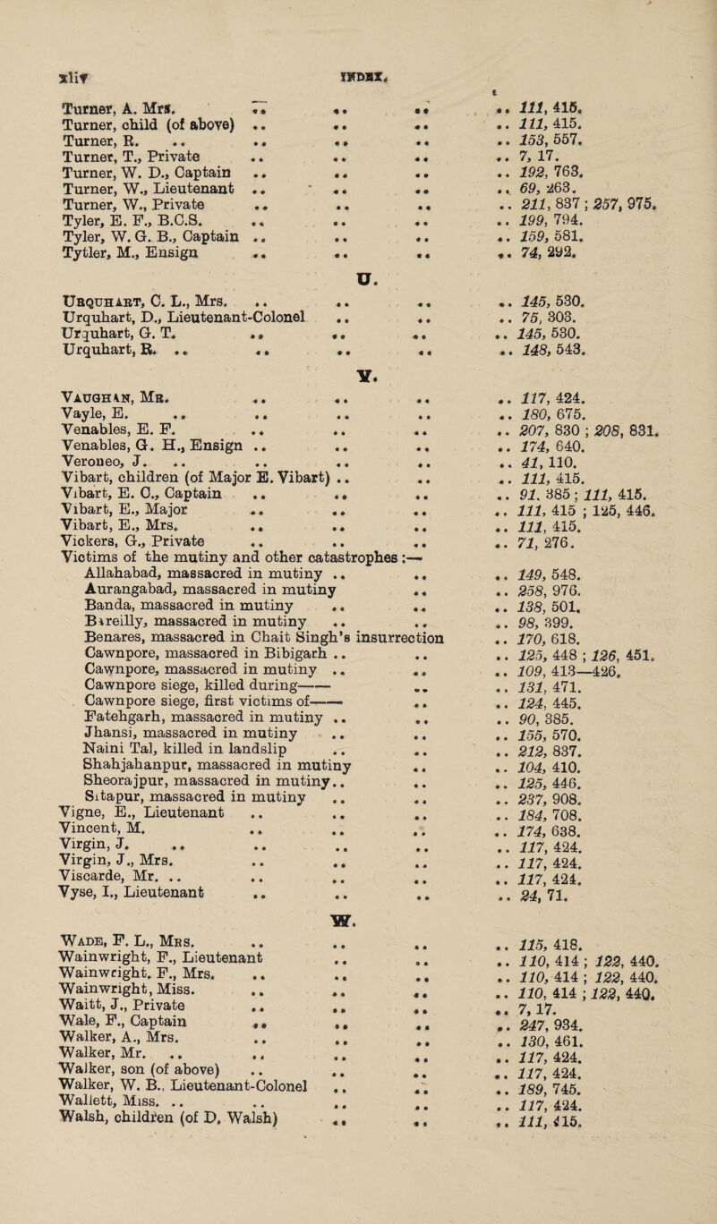 slit ‘Turner, A. Mrs. Turner, child (of above) Turner, R. Turner, T., Private Turner, W. D., Captain Turner, W., Lieutenant Turner, W., Private Tyler, E. F., B.C.S. Tyler, W. G. B., Captain Tytler, M., Ensign Urquhart, C. L., Mrs. Urquhart, D., Lieutenant-Colonel Urquhart, G. T. .» Urquhart, R. .. 4 • • • u. 1?. VAUGHAN, Mr. Vayle, E. Venables, E. F. Venables, G. H., Ensign .. Veroneo, J. Vibart, children (of Major E. Vibart) .. Vibart, E. C„ Captain ,. .. Vibart, E., Major Vibart, E., Mrs. .. Vickers, G., Private Victims of the mutiny and other catastrophes Allahabad, massacred in mutiny .. Aurangabad, massacred in mutiny .. Banda, massacred in mutiny .. .. Bireilly, massacred in mutiny Benares, massacred in Cbait Singh’s insurrection Cawnpore, massacred in Bibigarh .. Cawnpore, massacred in mutiny .. Cawnpore siege, killed during- Cawnpore siege, first victims of- .. Fatehgarh, massacred in mutiny .. Jhansi, massacred in mutiny Naini Tal, killed in landslip r; Shahjahanpur, massacred in mutiny .. Sheorajpur, massacred in mutiny.. Sxtapur, massacred in mutiny Vigne, E., Lieutenant Vincent, M. Virgin, J. Virgin, J., Mrs. Viscarde, Mr. Vyse, I., Lieutenant W. Wade, F. L., Mbs. Wainwright, F., Lieutenant Wainwright. F., Mrs. Wainwright, Miss. Waitt, J., Private .. Wale, F., Captain ,, Walker, A., Mrs. Walker, Mr. WaJker, son (of above) Walker, W. B., Lieutenant-Colonel Wallett, Miss. Walsh, children (of D. Walsh) .. Ill, 415. .. Ill, 415. .. 153, 557. .. 7, 17. .. 192, 763. .. 69, 263. .. 211, 837; 257, 975. .. 199, 794. .. 159, 581. ,. 74, 292. .. 145, 530. .. 75, 303. .. 145, 530. .. 148, 543. .. 117, 424. .. 180, 675. .. 207, 830 ; 208, 831. .. 174, 640. .. 41, 110. .. Ill, 415. .. 91. 385 ; HI, 415. .. Ill, 415 ; 125, 446. .. Ill, 415. .. 71, 276. .. 149, 548. .. 258, 976. .. 138, 501. .. 98, 399. .. 170, 618. .. 125, 448 ; 126, 451. ,. 109, 413—426. .. 131, 471. .. 124, 445. .. 90, 385. .. 155, 570. .. 212, 837. .. 104, 410. .. 125, 446. .. 237, 908. .. 184, 708. .. 174, 638. .. 117, 424. .. 117, 424. .. 117, 424. .. 24, 71. .. 115, 418. .. 110, 414 ; 122, 440. .. 110, 414 ; 122, 440. .. 110, 414 ; 122, 440. .. 7,17. .. 247, 934. .. 130, 461. .. 117, 424. ,. 117, 424. .. 189, 745. .. 117, 424.