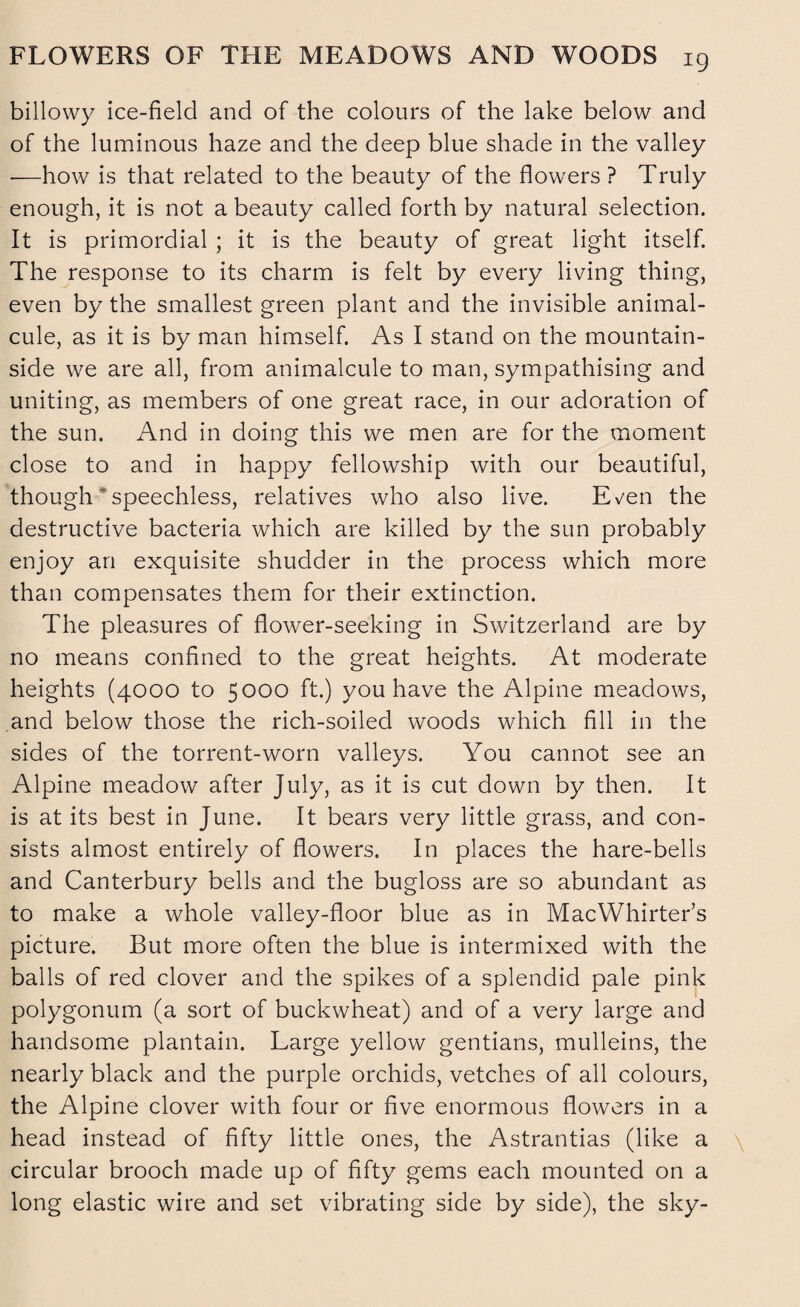 billowy ice-field and of the colours of the lake below and of the luminous haze and the deep blue shade in the valley —how is that related to the beauty of the flowers ? Truly enough, it is not a beauty called forth by natural selection. It is primordial ; it is the beauty of great light itself. The response to its charm is felt by every living thing, even by the smallest green plant and the invisible animal¬ cule, as it is by man himself. As I stand on the mountain¬ side we are all, from animalcule to man, sympathising and uniting, as members of one great race, in our adoration of the sun. And in doing this we men are for the moment close to and in happy fellowship with our beautiful, though speechless, relatives who also live. Even the destructive bacteria which are killed by the sun probably enjoy an exquisite shudder in the process which more than compensates them for their extinction. The pleasures of flower-seeking in Switzerland are by no means confined to the great heights. At moderate heights (4000 to 5000 ft.) you have the Alpine meadows, and below those the rich-soiled woods which fill in the sides of the torrent-worn valleys. You cannot see an Alpine meadow after July, as it is cut down by then. It is at its best in June. It bears very little grass, and con¬ sists almost entirely of flowers. In places the hare-bells and Canterbury bells and the bugloss are so abundant as to make a whole valley-floor blue as in MacWhirter’s picture. But more often the blue is intermixed with the balls of red clover and the spikes of a splendid pale pink polygonum (a sort of buckwheat) and of a very large and handsome plantain. Large yellow gentians, mulleins, the nearly black and the purple orchids, vetches of all colours, the Alpine clover with four or five enormous flowers in a head instead of fifty little ones, the Astrantias (like a circular brooch made up of fifty gems each mounted on a long elastic wire and set vibrating side by side), the sky-