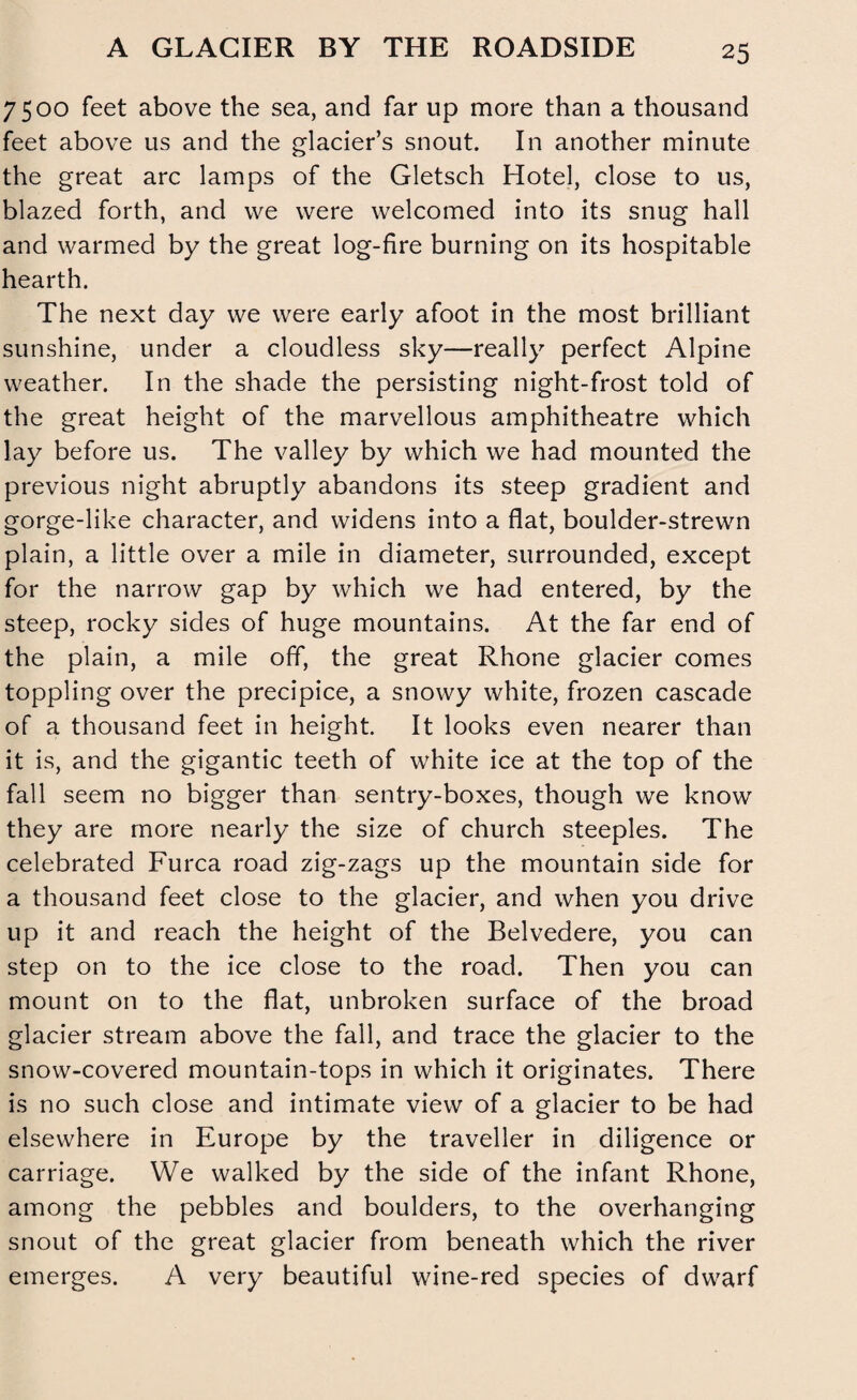 A GLACIER BY THE ROADSIDE 7500 feet above the sea, and far up more than a thousand feet above us and the glacier’s snout. In another minute the great arc lamps of the Gletsch Hotel, close to us, blazed forth, and we were welcomed into its snug hall and warmed by the great log-fire burning on its hospitable hearth. The next day we were early afoot in the most brilliant sunshine, under a cloudless sky—really perfect Alpine weather. In the shade the persisting night-frost told of the great height of the marvellous amphitheatre which lay before us. The valley by which we had mounted the previous night abruptly abandons its steep gradient and gorge-like character, and widens into a flat, boulder-strewn plain, a little over a mile in diameter, surrounded, except for the narrow gap by which we had entered, by the steep, rocky sides of huge mountains. At the far end of the plain, a mile off, the great Rhone glacier comes toppling over the precipice, a snowy white, frozen cascade of a thousand feet in height. It looks even nearer than it is, and the gigantic teeth of white ice at the top of the fall seem no bigger than sentry-boxes, though we know they are more nearly the size of church steeples. The celebrated Furca road zig-zags up the mountain side for a thousand feet close to the glacier, and when you drive up it and reach the height of the Belvedere, you can step on to the ice close to the road. Then you can mount on to the flat, unbroken surface of the broad glacier stream above the fall, and trace the glacier to the snow-covered mountain-tops in which it originates. There is no such close and intimate view of a glacier to be had elsewhere in Europe by the traveller in diligence or carriage. We walked by the side of the infant Rhone, among the pebbles and boulders, to the overhanging snout of the great glacier from beneath which the river emerges. A very beautiful wine-red species of dwarf