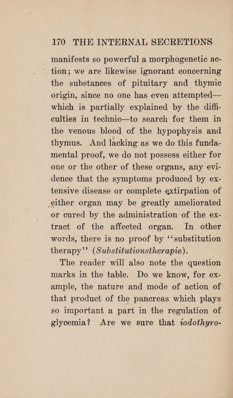 manifests so powerful a morphogenetic ac- ‘ tion; we are likewise ignorant concerning the substances of pituitary and thymic origin, since no one has even attempted— which is partially explained by the diffi¬ culties in technic—to search for them in the venous blood of the hypophysis and thymus. And lacking as we do this funda¬ mental proof, we do not possess either for one or the other of these organs, any evi¬ dence that the symptoms produced by ex¬ tensive disease or complete qxtirpation of either organ may be greatly ameliorated or cured by the administration of the ex¬ tract of the affected organ. In other words, there is no proof by “substitution therapy ’ ’ (Subs tit utionstherapie ). The reader will also note the question marks in the table. Do we know, for ex¬ ample, the nature and mode of action of that product of the pancreas which plays so important a part in the regulation of glycemia? Are we sure that iodothyro-