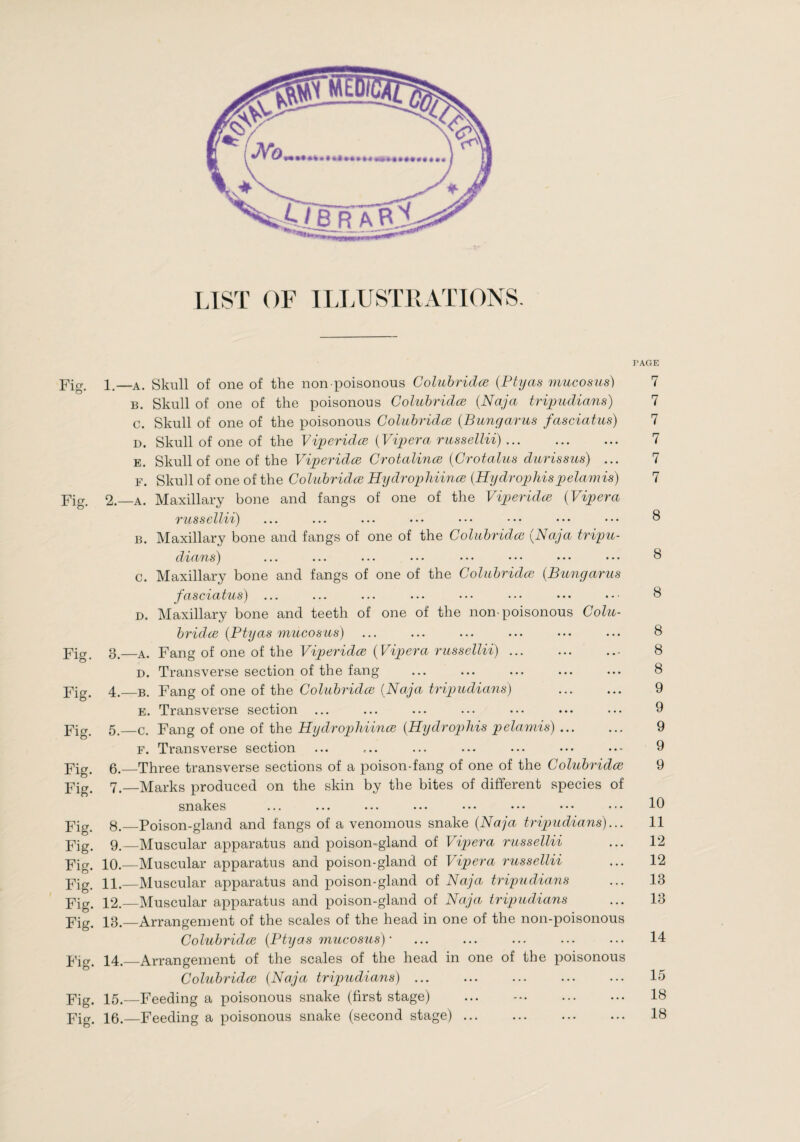 LIST OF ILLUSTRATIONS. PAGE Fig. 1.—A. Skull of one of the non-poisonous Coluhridæ (Ptyas mucosus) 7 B. Skull of one of the poisonous Coluhridæ {Naja trijmdians) 7 c. Skull of one of the poisonous Coluhridæ {Bungarus fasciatus) 7 D. Skull of one of the Viperidæ {Vipera russellii). 7 E. Skull of one of the Viperidæ Crotalinæ {Crotalus durissus) ... 7 F. Skull of one of the Coluhridæ Hydropliiinæ {Hydrojjhispelamis) 7 Fig. 2.—A. Maxillary bone and fangs of one of the Viperidæ {Vipera rtissellii) ... ... ... ••• ••• ••• ••• ••• ^ B. Maxillary bone and fangs of one of the Coluhridæ {Naja tripu- dxans^ ... ... ... ... ••• ••• ••• ••• b c. Maxillary bone and fangs of one of the Coluhridæ {Bungarus fasciatus) ... ... ... ... ... ... ... 8 D. Maxillary bone and teeth of one of the non-poisonous Colu¬ hridæ {Ptyas mucosus) ... ... ... ... ... ... 8 Fig. 3.—Vojïg oi one oiihe Viperidæ {Vipera russellii).- 8 D. Transverse section of the fang ... ... ... ... ... 8 Fig. 4._B. Fang of one of the Coluhridæ (Naja tripudia7is) ... ... 9 E. Transverse section ... ... ... ... ... ... ... 9 Fig. 5._c. Fang of one of the Hydrophiinæ {Pdydrophis pelamis). 9 F. Transverse section ... ... ... ... ... ... ..- 9 Fig. 6._Three transverse sections of a poison-fang of one of the Coluhridæ 9 Fig. 7.—Marks produced on the skin by the bites of different species of snakes ... ... ... ... ... ••• ••• ••• Fig. 8._Poison-gland and fangs of a venomous snake {Naja tripudians)... 11 Fig. 9._Muscular apparatus and poison-gland of Vipera russellii ... 12 Fig. 10.—Muscular apparatus and poison-gland of Vipera russellii ... 12 Fig. 11.—Muscular apparatus and poison-gland of Naja tripudians ... 13 Fig. 12.—Muscular apparatus and poison-gland of Naja tripudians ... 13 Fig. 13.—Arrangement of the scales of the head in one of the non-poisonous Coluhridæ {Ptyas mucosus)' ... ... ... ... ... 14 Fig. 14._Arrangement of the scales of the head in one of the poisonous Coluhridæ {Naja tripudians) ... ... ... ... ... 15 Fig. 15.—Feeding a poisonous snake (first stage) ... . 18 Fig. 16.—Feeding a poisonous snake (second stage). 18