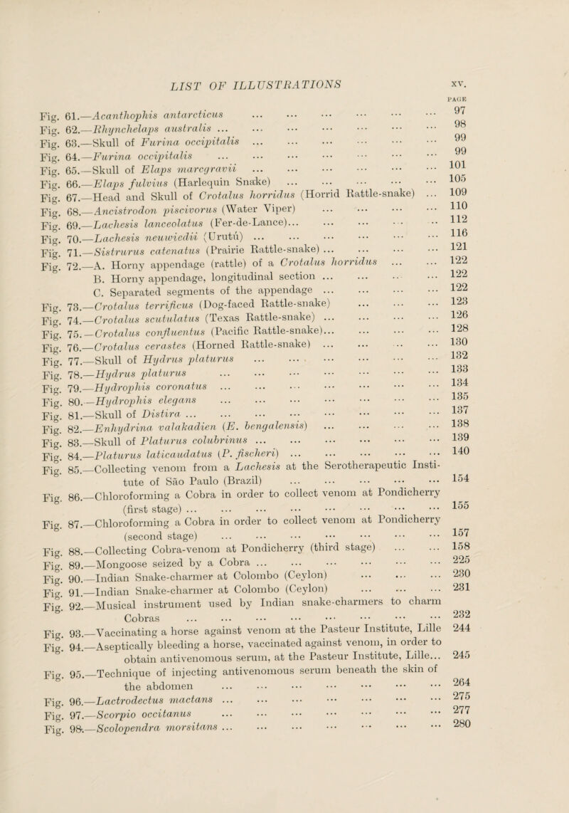 PAGE Fig. 61.—AcantJiopliis antarcticus . Fig. 62.—lihynchelaps australis ... Fig. 63.—Skull of Farina occipitalis . Fig. 64.—Farina occipitalis Fig. 65.—Skull of Flaps niarcgravii . Y[a, 66.—Flaps falvius (Harlequin Snake) . Pig, 67.—Head and Skull of Crotalas horridas (Horrid Rattle-snake) ... Pig, 63,—Ancistrodon piscivoras (Water Viper) . Pig, 69.—Lachesis lanceolatas (Fer-de-Lance)... Pig, 7Q,—Lachesis neuwicdii (Urutu) ... . Pig, 71,—Sistrarus catenatus (Prairie Rattle-snake) ... Pig, 72._A. Horny appendage (rattle) of a Crotalas horridas R. Horny appendage, longitudinal section ... C. Separated segments of the appendage F'ig. 73.—Crotalas terrificus (Dog-faced Rattle-snake) Pig, 74,—Crotalas scatalatas (Texas Rattle-snake) ... Pig, 75._Crotalas conflaentas (Pacific Rattle-snake)... pio-, 76.—Crotalas cerastes (Horned Rattle-snake) Pig, 77,—Skull of Hydras platuras .. Fig. 78.—Hydras platuras . Pig, 79,—Hydrophis coronatas . Pig, 80.—Hydrophis eleyans . Pig, 31,—Skull of Distira. Fig 82._Fnhydrina valaJcadien {F. bengalensis) Fig. 83._Skull of Platarus colahrinus ... Fig. 84.—Platarus laticaadatus {P. fischeri).. Pio- 35_Collecting venom from a Lachesis at the Serotherapeutic Insti¬ tute of Sâo Paulo (Brazil) Pig 30,_Chloroforming a Cobra in order to collect venom at Pondicherry (first stage) ... Pig 37,_Chloroforming a Cobra in order to collect venom at Pondicherry (second stage) Pig, 88._Collecting Cobra-venom at Pondicherry (third stage) . pia 39,—Mongoose seized by a Cobra. Fig. 90. Indian Snake-charmer at Colombo (Ceylon) Pier, 91. Indian Snake-charmer at Colombo (Ceylon) Fig 92._Musical instrument used by Indian snake-charmers to charm Cobras Pig, 93,_Vaccinating a horse against venom at the Pasteur Institute, Lille Pig’ 94,’_Aseptically bleeding a horse, vaccinated against venom, in order to obtain antivenomous serum, at the Pasteur Institute, Lille... Fig 95._Technique of injecting antivenomous serum beneath the skin of the abdomen Fig. 96.—Lactrodectus mactans. Pig, 97,—Scorpio occitanus . Pig, 93.,—Scolopendra .. 97 98 99 99 101 105 109 110 112 116 121 122 122 122 123 126 128 130 132 133 134 135 137 138 139 140 154 155 157 158 225 230 231 232 244 245 264 275 277 280