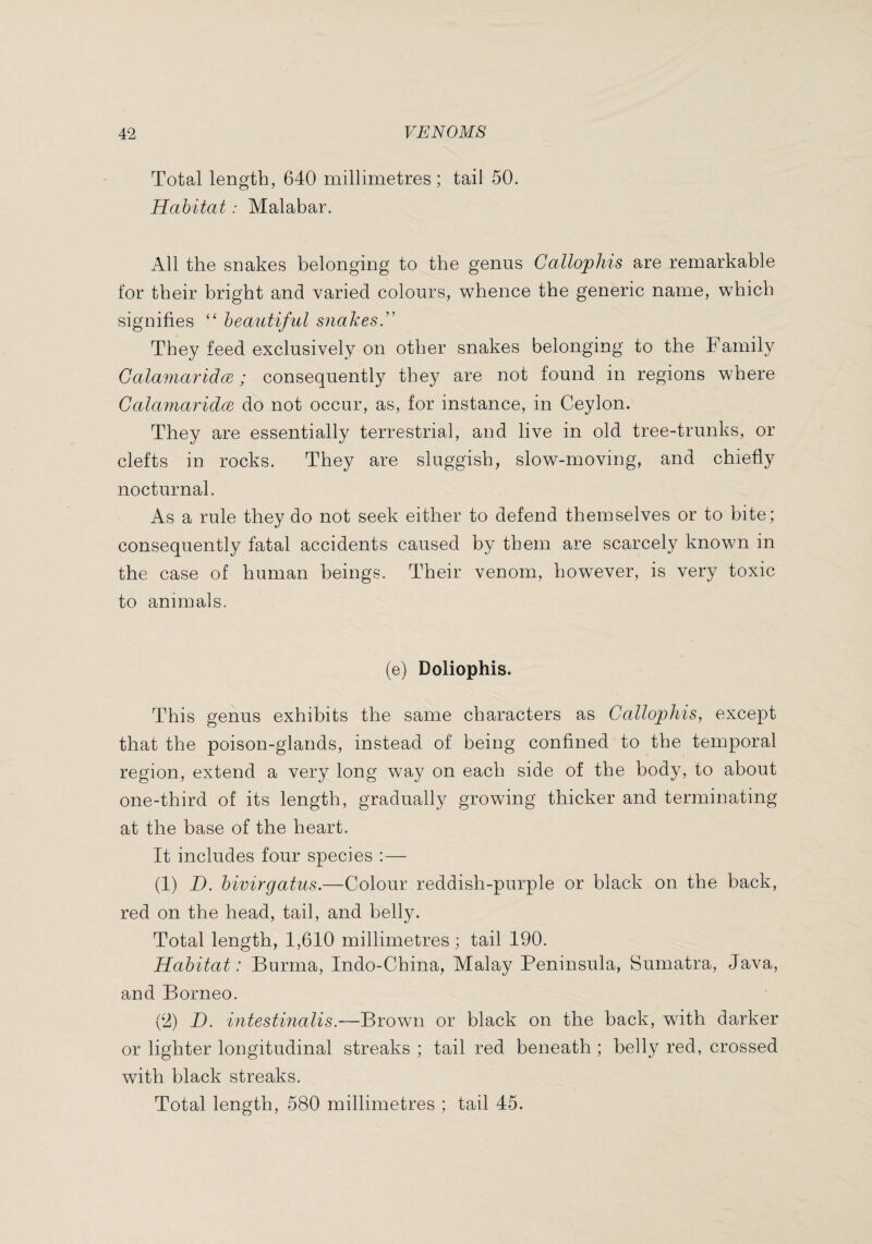 Total length, 640 millimetres; tail 50. Habitat : Malabar. All the snakes belonging to the genus Gallophts are remarkable for their bright and varied colours, whence the generic name, which signifies “ beautiful snakes G They feed exclusively on other snakes belonging to the Family Galamaridce ; consequently they are not found in regions where Galamaridœ do not occur, as, for instance, in Ceylon. They are essentially terrestrial, and live in old tree-trunks, or clefts in rocks. They are sluggish, slow-moving, and chiefly nocturnal. As a rule they do not seek either to defend themselves or to bite; consequently fatal accidents caused by them are scarcely known in the case of human beings. Their venom, however, is very toxic to animals. (e) Doliophis. This genus exhibits the same characters as Gallophis, except that the poison-glands, instead of being confined to the temporal region, extend a very long way on each side of the body, to about one-third of its length, gradually growing thicker and terminating at the base of the heart. It includes four species :— (1) D. hivirgatus.—Colour reddish-purple or black on the back, red on the head, tail, and belly. Total length, 1,610 millimetres ; tail 190. Habitat: Burma, Indo-China, Malay Peninsula, Sumatra, Java, and Borneo. (2) -D. intestinalis.—Brown or black on the back, with darker or lighter longitudinal streaks ; tail red beneath ; belly red, crossed with black streaks. Total length, 580 millimetres ; tail 45.