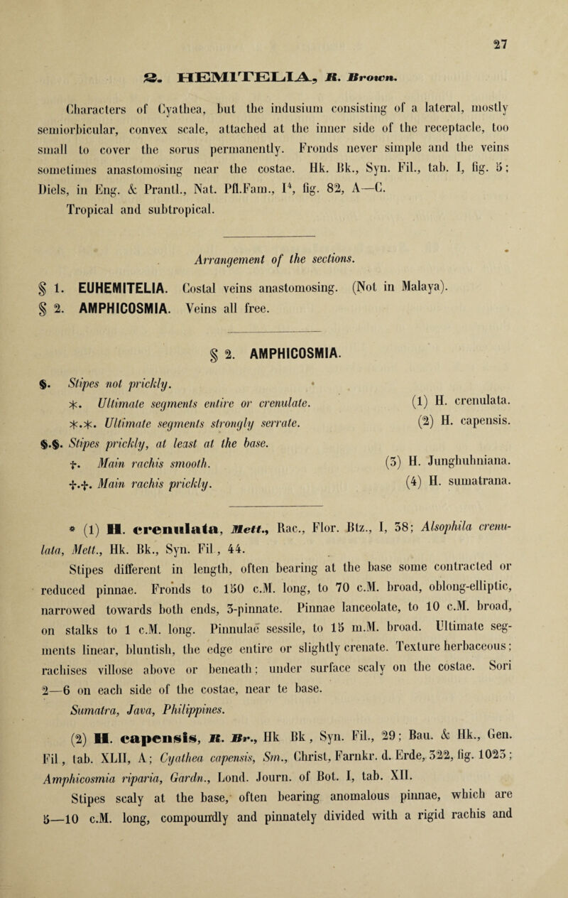 S. HEM1TELIA, n. Brown. Characters of Cyathea, but the indusium consisting of a lateral, mostly semiorbicular, convex scale, attached at the inner side of the receptacle, too small to cover the sorus permanently. Fronds never simple and the veins sometimes anastomosing near the costae. Hk. Bk., Syn. Fil., tab. I, fig. 5; Diels, in Eng. Sc Prantl., Nat. Pfl.Fam., I4, fig. 82, A—C. Tropical and subtropical. Arrangement of the sections. § 1. EUHEMITELIA. Costal veins anastomosing. (Not in Malaya). % 2. AMPHICOSMIA. Veins all free. § 2. AMPHICOSMIA. §. Stipes not prickly. • >K. Ultimate segments entire or crenulate. Ultimate segments strongly serrate. §.§. Stipes prickly, at least at the base. f. Main rachis smooth. Main rachis prickly. (1) H. crenulata. (2) H. capensis. (5) H. Junghuhniana. (4) H. sumatrana. # (1) H. crenulata, Rett., Rac., Flor. Btz., I, 58; Alsophila crenu¬ lata, Mett., Hk. Bk., Syn. Fil, 44. Stipes different in length, often bearing at the base some contracted or reduced pinnae. Fronds to 150 c.M. long, to 70 c.M. broad, oblong-elliptic, narrowed towards both ends, 3-pinnate. Pinnae lanceolate, to 10 c.M. broad, on stalks to 1 c.M. long. Pinnulae sessile, to 15 m.M. broad. Ultimate seg¬ ments linear, bluntish, the edge entire or slightly crenate. 1 exture herbaceous, rachises villose above or beneath; under surface scaly on the costae. Soii 2—6 on each side of the costae, near te base. Sumatra, Java, Philippines. (2) H. capensis, R. RrIlk Bk, Syn. Fil., 29; Bau. Sc Hk., Gen. Fil, tab. XLII, A; Cyathea capensis, Sm., Christ, Farnkr. d. Erde, 322, fig. 1025; Amphicosmia riparia, Gardn., Bond. Journ. of Bot. I, tab. XII. Stipes scaly at the base, often bearing anomalous pinnae, which are 5—c.M. long, compouixdly and pinnately divided with a rigid rachis and