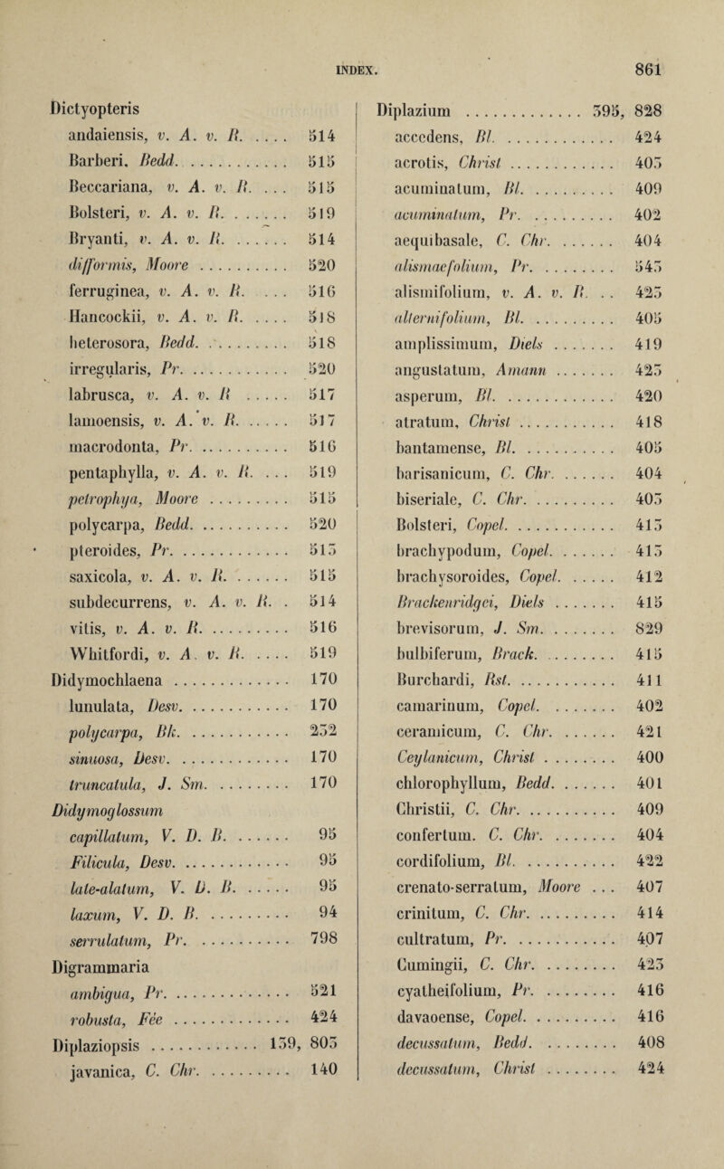 Dictyopteris andaiensis, v. A. v. B. 514 Barberi, Bedd. . 515 Beccariana, v. A. v. R. . . . 515 Bolsteri, v. A. v. B. 519 Bryan ti, v. A. v. B. 514 diI for mis, Moore . 520 ferruginea, v. A. v. R. ... . 516 Hancockii, v. A. v. R. 518 \ heterosora, Bedd. .. 518 irregularis, Pr. 520 labrusca, v. A. v. R . 517 lamoensis, v. A. v. B. 517 macrodonta, Pr. 516 pentaphylla, v. A. v. B. ... 519 petrophya, Moore . 515 polycarpa, Bedd. 520 pleroides, Pr. 515 saxicola, v. A. v. B. 515 subdecurrens, v. A. v. R. . 514 vitis, v. A. v. B. 516 Wbitfordi, v. A. v. R. 519 Didymochlaena . 170 lunulata, Desv. 170 polycarpa, Bk. ^32 sinuosa, Desv. 170 truncalula, J. Sm. 170 Didymoglossum capillalum, V. D. B. 95 Filicula, Desv. 95 late-alatum, V. D. B. 95 laxum, V. D. B. 94 serrulalum, Pr. 798 Digrammaria ambigua, Pr. 521 robusta, Fee . 424 Diplaziopsis . 139, 805 javanica, C. Chr. 140 Diplazium . 595, 828 acccdens, Bl. 424 acrotis, Christ. 405 acuminatum, Bl. 409 acuminatum, Pr. 402 aequibasale, C. Chr. 404 alismaefolium, Pr. 545 alismifolium, v. A. v. B. . . 425 alt ernifolium, Bl. 405 amplissimum, Diels . 419 angustatum, Amann. 425 asperum, Bl. 420 atratum, Christ. 418 bantamense, Bl. 405 barisanicum, C. Chr. 404 biseriale, C. Chr. 405 Bolsteri, Copel. 415 brachypodum, Copel. 415 brachysoroides, Copel. 412 Braekenridgei, Diels . 415 brevisorum, J. Sm. 829 bulbiferum, Brack. 415 Burcbardi, Rst. 411 camarinum, Copel. 402 ceramicum, C. Chr. 421 Ceylanicum, Christ. 400 chlorophyllum, Bedd. 401 Christii, C. Chr. 409 confertum. C. Chr. 404 cordifolium, Bl. 422 crenato-serralum, Moore .. . 407 crinitum, C. Chr. 414 cultratum, Pr. 407 Cumingii, C. Chr. 425 cyatheifolium, Pr. 416 davaoense, Copel. 416 decussatum, Bedd. 408 decussatum, Christ . 424