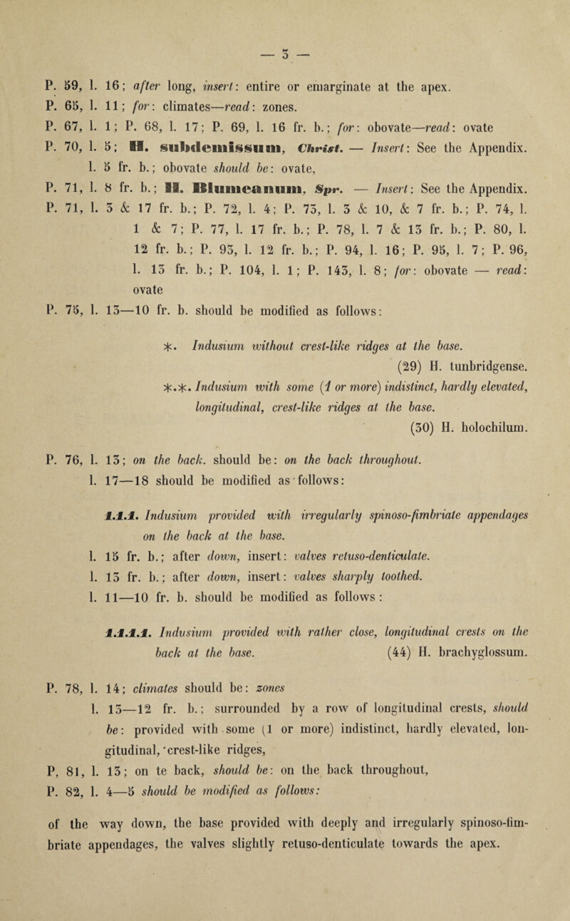 P. 59, 1. 16; after long, insert: entire or emarginate at the apex. P. 65, 1. 11; for: climates—read: zones. P. 67, 1. 1; P. 68, 1. 17; P. 69, 1. 16 fr. b.; for: obovate—read: ovate P. 70, 1. 5; if. Christ. — Insert: See the Appendix. 1. 5 fr. b.; obovate should he: ovate, P. 71, 1. 8 fr. b.; 31. OIiflmeetBftiim, Spr. — Insert: See the Appendix. P. 71, 1. 5 & 17 fr. b.; P. 72, 1. 4; P. 75, 1. 3 & 10, & 7 fr. b.; P. 74, 1. 1 & 7; P. 77, 1. 17 fr. b.; P. 78, 1. 7 & 13 fr. b.; P. 80, 1. 12 fr. b.; P. 93, 1. 12 fr. b.; P. 94, 1. 16; P. 95, 1. 7; P. 96, 1. 13 fr. b.; P. 104, 1. 1; P. 143, 1. 8; /or: obovate — read: ovate P. 75, 1. 13—10 fr. b. should be modified as follows: Indusium without crest-like ridges at the base. (29) H. tunbridgense. Indusium with some (I or more) indistinct, hardly elevated, longitudinal, crest-like ridges at the base. (30) H. holochilum. P. 76, 1. 13; on the back, should be: on the back throughout. 1. 17—18 should be modified as follows: 1.1.1. Indusium provided with irregularly spinoso-fimbriate appendages on the back at the base. 1. 15 fr. b.; after down, insert: valves retuso-denticulate. 1. 13 fr. b.; after down, insert: valves sharply toothed. 1. 11—10 fr. b. should be modified as follows: 1.1.1.1. Indusium provided with rather close, longitudinal crests on the back at the base. (44) H. brachyglossum. P. 78, 1. 14; climates should be: zones 1. 13—12 fr. b.; surrounded by a row of longitudinal crests, should be: provided with some (1 or more) indistinct, hardly elevated, lon¬ gitudinal,‘crest-like ridges, P, 81, 1. 15; on te back, should be: on the back throughout, P. 82, 1. 4—5 should be modified as follows: of the way down, the base provided with deeply and irregularly spinoso-fim- briate appendages, the valves slightly retuso-denticulate towards the apex.