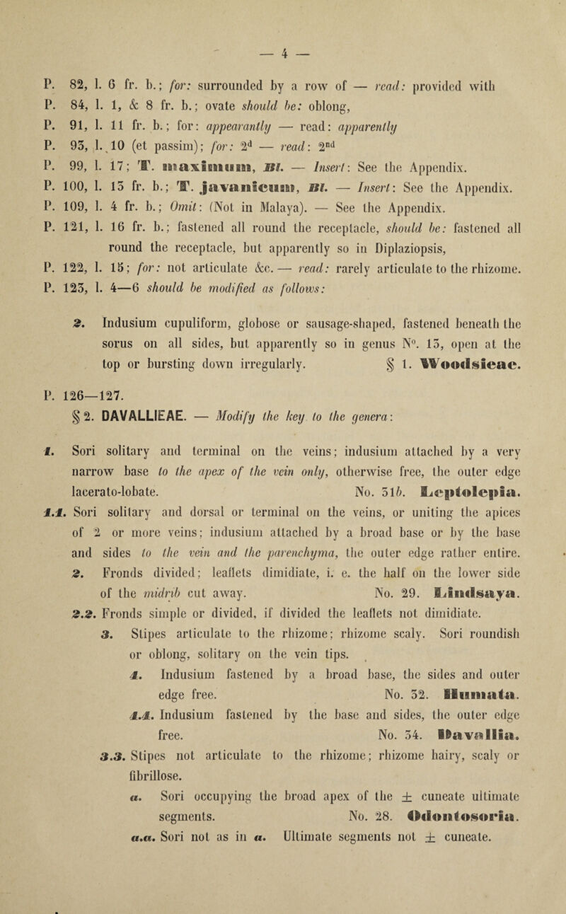 — 4 — P. 82, 1. G fr. b.; for: surrounded by a row of — read: provided with P. 84, 1. 1, & 8 fr. b.; ovate should he: oblong, P. 91, 1. 11 fr. b.; for: appearantly — read: apparently P. 93, 1. 10 (et passim); for: 2d — read: 2nd P. 99, 1. 17; X. aasaxlsmiiaa, Ml. — Insert: See the Appendix. P. 100, 1. 15 fr. b.; X. java iiidiin, Ml. — Insert: See the Appendix. P. 109, 1. 4 fr. b.; Omit: (Not in Malaya). — See the Appendix. P. 121, 1. 16 fr. b.; fastened all round the receptacle, should he: fastened all round the receptacle, but apparently so in Diplaziopsis, P. 122, 1. 15; for: not articulate &c.— read: rarely articulate to the rhizome. P. 123, 1. 4—6 should be modified as follows: 2. Indusium cupuliform, globose or sausage-shaped, fastened beneath the sorus on all sides, but apparently so in genus N°. 15, open at the top or bursting down irregularly. § l. Womlsleac. P. 126—127. §2. DAVALLIEAE. — Modify the key to the genera: 1. Sori solitary and terminal on the veins; indusium attached by a very narrow base to the apex of the vein only, otherwise free, the outer edge lacerato-lobate. No. olh. Leptolepia. 1.1. Sori solitary and dorsal or terminal on the veins, or uniting the apices of 2 or more veins; indusium attached by a broad base or by the base and sides to the vein and the parenchyma, the outer edge rather entire. 2. Fronds divided; leaflets dimidiate, i. e. the half on the lower side of the midrib cut away. No. 29. Limlsaya. 2.2. Fronds simple or divided, if divided the leaflets not dimidiate. 3. Stipes articulate to the rhizome; rhizome scaly. Sori roundish or oblong, solitary on the vein tips. 1. Indusium fastened by a broad base, the sides and outer edge free. No. 52. liisiiBata. 1.1. Indusium fastened by the base and sides, the outer edge free. No. 54. idavalBia* 3.3. Stipes not articulate to the rhizome; rhizome hairy, scaly or fibrillose. a. Sori occupying the broad apex of the ± cuneate ultimate segments. No. 28. a.a. Sori not as in «. Ultimate segments not ± cuneate.