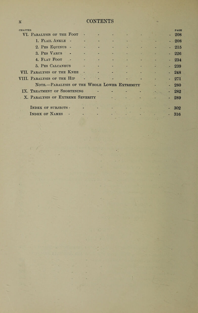 CHAPTER PAGE VI. Paralysis of the Foot ----- - 208 1. Flail Ankle ----- ... 208 2. Pes Equinus -------- 215 3. Pes Varus 226 4. Flat Foot -------- 234 5. Pes Calcaneus 239 VII. Paralysis of the Knee ------- 248 VIII. Paralysis of the Hip - - - - - - - 271 Note.—Paralysis of the Whole Lower Extremity - - 280 IX. Treatment of Shortening - - - - - - 282 X. Paralysis of Extreme Severity - - - - - 289 Index of subjects - Index of Names 302 316