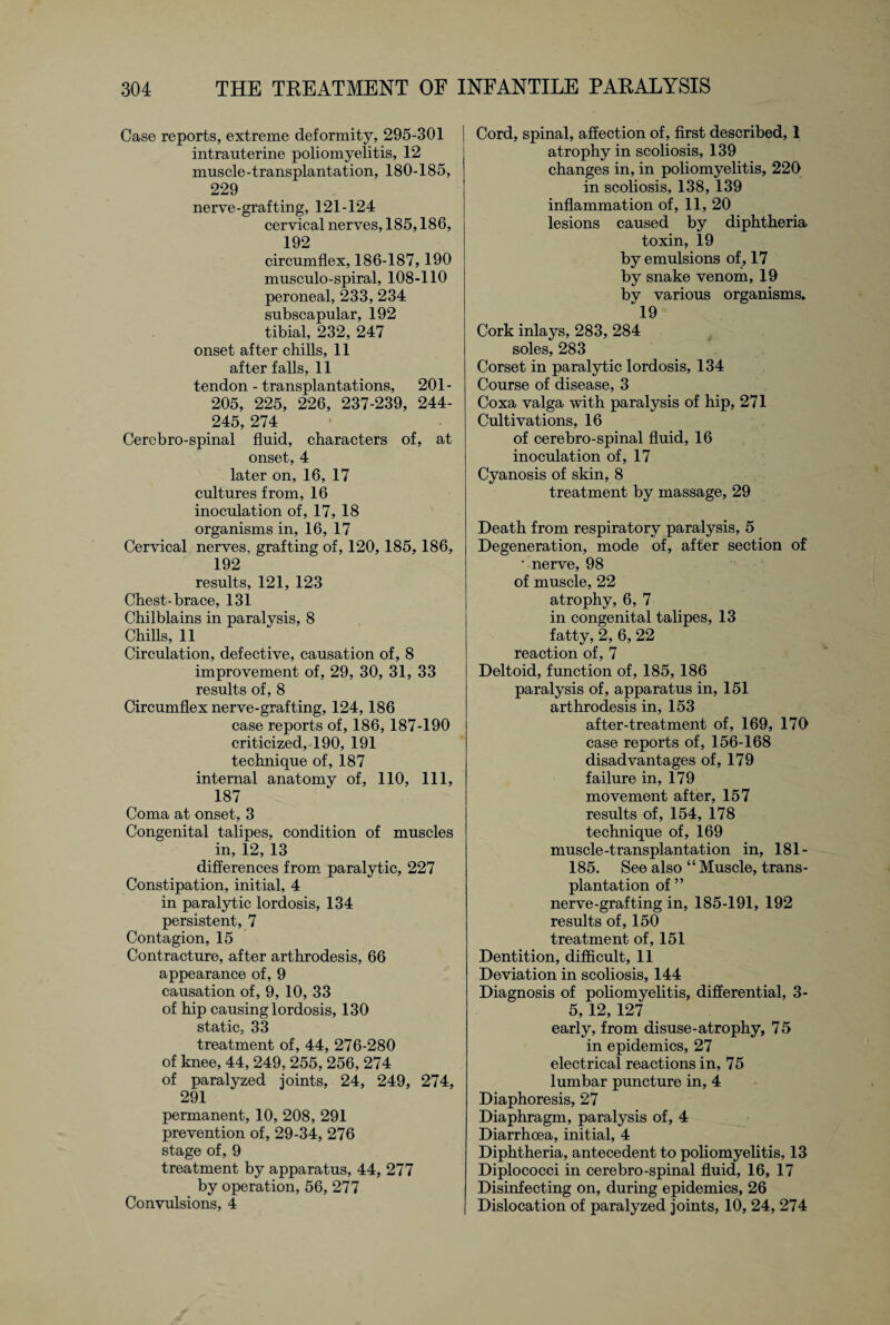 Case reports, extreme deformity, 295-301 intrauterine poliomyelitis, 12 muscle-transplantation, 180-185, 229 nerve-grafting, 121-124 cervical nerves, 185,186, 192 circumflex, 186-187,190 musculo-spiral, 108-110 peroneal, 233, 234 subscapular, 192 tibial, 232, 247 onset after chills, 11 after falls, 11 tendon - transplantations, 201- 205, 225, 226, 237-239, 244- 245, 274 Cercbro-spinal fluid, characters of, at onset, 4 later on, 16, 17 cultures from, 16 inoculation of, 17, 18 organisms in, 16, 17 Cervical nerves, grafting of, 120,185,186, 192 results, 121, 123 Chest-brace, 131 Chilblains in paralysis, 8 Chills, 11 Circulation, defective, causation of, 8 improvement of, 29, 30, 31, 33 results of, 8 Circumflex nerve-grafting, 124,186 case reports of, 186, 187-190 criticized, 190, 191 technique of, 187 internal anatomy of, 110, 111, 187 Coma at onset, 3 Congenital talipes, condition of muscles in, 12, 13 differences from paralytic, 227 Constipation, initial, 4 in paralytic lordosis, 134 persistent, 7 Contagion, 15 Contracture, after arthrodesis, 66 appearance of, 9 causation of, 9, 10, 33 of hip causing lordosis, 130 static, 33 treatment of, 44, 276-280 of knee, 44, 249, 255, 256, 274 of paralyzed joints, 24, 249, 274, 291 permanent, 10, 208, 291 prevention of, 29-34, 276 stage of, 9 treatment by apparatus, 44, 277 by operation, 56, 277 Convulsions, 4 Cord, spinal, affection of, first described, 1 atrophy in scoliosis, 139 changes in, in poliomyelitis, 220 in scoliosis, 138, 139 inflammation of, 11, 20 lesions caused by diphtheria toxin, 19 by emulsions of, 17 by snake venom, 19 bv various organisms, 19 Cork inlays, 283, 284 soles, 283 Corset in paralytic lordosis, 134 Course of disease, 3 Coxa valga with paralysis of hip, 271 Cultivations, 16 of cerebro-spinal fluid, 16 inoculation of, 17 Cyanosis of skin, 8 treatment by massage, 29 Death from respiratory paralysis, 5 Degeneration, mode of, after section of ' nerve, 98 of muscle, 22 atrophy, 6, 7 in congenital talipes, 13 fatty, 2, 6, 22 reaction of, 7 Deltoid, function of, 185, 186 paralysis of, apparatus in, 151 arthrodesis in, 153 after-treatment of, 169, 170 case reports of, 156-168 disadvantages of, 179 failure in, 179 movement after, 157 results of, 154, 178 technique of, 169 muscle-transplantation in, 181 - 185. See also “Muscle, trans¬ plantation of ” nerve-grafting in, 185-191, 192 results of, 150 treatment of, 151 Dentition, difficult, 11 Deviation in scoliosis, 144 Diagnosis of poliomyelitis, differential, 3- 5, 12, 127 early, from disuse-atrophy, 75 in epidemics, 27 electrical reactions in, 75 lumbar puncture in, 4 Diaphoresis, 27 Diaphragm, paralysis of, 4 Diarrhoea, initial, 4 Diphtheria, antecedent to poliomyelitis, 13 Diplococci in cerebro-spinal fluid, 16, 17 Disinfecting on, during epidemics, 26 Dislocation of paralyzed joints, 10, 24, 274