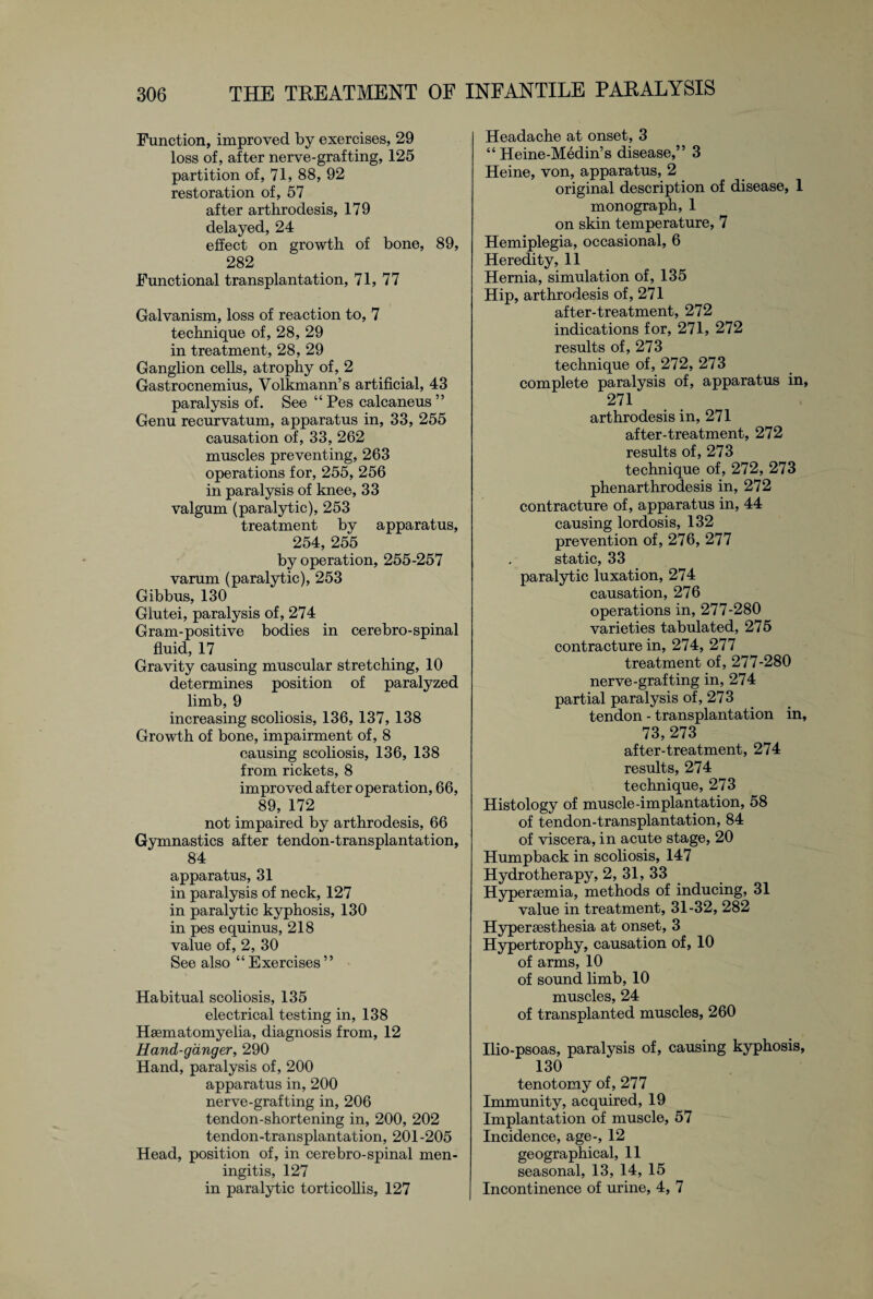 Function, improved by exercises, 29 loss of, after nerve-grafting, 125 partition of, 71, 88, 92 restoration of, 57 after arthrodesis, 179 delayed, 24 effect on growth of bone, 89, 282 Functional transplantation, 71, 77 Galvanism, loss of reaction to, 7 technique of, 28, 29 in treatment, 28, 29 Ganglion cells, atrophy of, 2 Gastrocnemius, Volkmann’s artificial, 43 paralysis of. See “ Pes calcaneus ” Genu recurvatum, apparatus in, 33, 255 causation of, 33, 262 muscles preventing, 263 operations for, 255, 256 in paralysis of knee, 33 valgum (paralytic), 253 treatment by apparatus, 254, 255 by operation, 255-257 varum (paralytic), 253 Gibbus, 130 Glutei, paralysis of, 274 Gram-positive bodies in cerebro-spinal fluid, 17 Gravity causing muscular stretching, 10 determines position of paralyzed limb, 9 increasing scoliosis, 136, 137, 138 Growth of bone, impairment of, 8 causing scoliosis, 136, 138 from rickets, 8 improved after operation, 66, 89, 172 not impaired by arthrodesis, 66 Gymnastics after tendon-transplantation, 84 apparatus, 31 in paralysis of neck, 127 in paralytic kyphosis, 130 in pes equinus, 218 value of, 2, 30 See also “Exercises” Habitual scoliosis, 135 electrical testing in, 138 Hsematomyelia, diagnosis from, 12 Hand-ganger, 290 Hand, paralysis of, 200 apparatus in, 200 nerve-grafting in, 206 tendon-shortening in, 200, 202 tendon-transplantation, 201-205 Head, position of, in cerebro-spinal men¬ ingitis, 127 in paralytic torticollis, 127 Headache at onset, 3 “ Heine-Medin’s disease,” 3 Heine, von, apparatus, 2 original description of disease, 1 monograph, 1 on skin temperature, 7 Hemiplegia, occasional, 6 Heredity, 11 Hernia, simulation of, 135 Hip, arthrodesis of, 271 after-treatment, 272 indications for, 271, 272 results of, 273 technique of, 272, 273 complete paralysis of, apparatus in, 271 arthrodesis in, 271 after-treatment, 272 results of, 273 technique of, 272, 273 phenarthrodesis in, 272 contracture of, apparatus in, 44 causing lordosis, 132 prevention of, 276, 277 static, 33 paralytic luxation, 274 causation, 276 operations in, 277-280 varieties tabulated, 275 contracture in, 274, 277 treatment of, 277-280 nerve-grafting in, 274 partial paralysis of, 273 tendon - transplantation in, 73,273 after-treatment, 274 results, 274 technique, 273 Histology of muscle-implantation, 58 of tendon-transplantation, 84 of viscera, in acute stage, 20 Humpback in scoliosis, 147 Hydrotherapy, 2, 31, 33 Hypersemia, methods of inducing, 31 value in treatment, 31-32, 282 Hyperaesthesia at onset, 3 Hypertrophy, causation of, 10 of arms, 10 of sound limb, 10 muscles, 24 of transplanted muscles, 260 Ilio-psoas, paralysis of, causing kyphosis, 130 tenotomy of, 277 Immunity, acquired, 19 Implantation of muscle, 57 Incidence, age-, 12 geographical, 11 seasonal, 13, 14, 15 Incontinence of urine, 4, 7