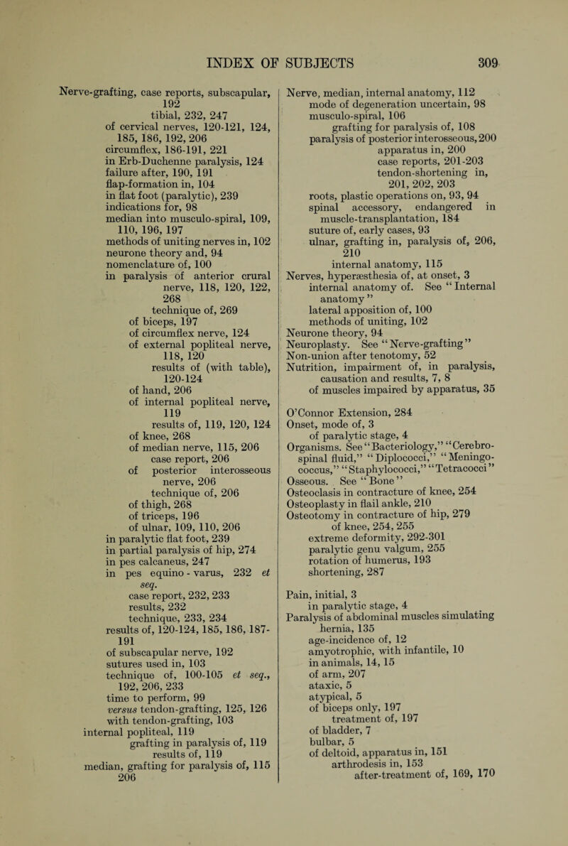 Nerve-grafting, case reports, subscapular, 192 tibial, 232, 247 of cervical nerves, 120-121, 124, 185, 186, 192, 206 circumflex, 186-191, 221 in Erb-Duchenne paralysis, 124 failure after, 190, 191 flap-formation in, 104 in flat foot (paralytic), 239 indications for, 98 median into musculo-spiral, 109, 110, 196, 197 methods of uniting nerves in, 102 neurone theory and, 94 nomenclature of, 100 in paralysis of anterior crural nerve, 118, 120, 122, 268 technique of, 269 of biceps, 197 of circumflex nerve, 124 of external popliteal nerve, 118, 120 results of (with table), 120-124 of hand, 206 of internal popliteal nerve, 119 results of, 119, 120, 124 of knee, 268 of median nerve, 115, 206 case report, 206 of posterior interosseous nerve, 206 technique of, 206 of thigh, 268 of triceps, 196 of ulnar, 109, 110, 206 in paralytic flat foot, 239 in partial paralysis of hip, 274 in pes calcaneus, 247 in pes equino - varus, 232 et seq. case report, 232, 233 results, 232 technique, 233, 234 results of, 120-124, 185, 186, 187- 191 of subscapular nerve, 192 sutures used in, 103 technique of, 100-105 et seq., 192, 206, 233 time to perform, 99 versus tendon-grafting, 125, 126 with tendon-grafting, 103 internal popliteal, 119 grafting in paralysis of, 119 results of, 119 median, grafting for paralysis of, 115 206 Nerve, median, internal anatomy, 112 mode of degeneration uncertain, 98 musculo-spiral, 106 grafting for paralysis of, 108 paralysis of posterior interosseous, 200 apparatus in, 200 case reports, 201-203 tendon-shortening in, 201, 202, 203 roots, plastic operations on, 93, 94 spinal accessory, endangered in muscle-transplantation, 184 suture of, early cases, 93 ulnar, grafting in, paralysis of, 206, 210 internal anatomy, 115 Nerves, hypersesthesia of, at onset, 3 internal anatomy of. See “ Internal anatomy ” lateral apposition of, 100 methods of uniting, 102 Neurone theory, 94 Neuroplasty. See ‘£ Ne rve -grafting ’ ’ Non-union after tenotomy, 52 Nutrition, impairment of, in paralysis, causation and results, 7, 8 of muscles impaired by apparatus, 35 O’Connor Extension, 284 Onset, mode of, 3 of paralytic stage, 4 Organisms. See “Bacteriology,” “Cerebro¬ spinal fluid,” “Diplococci,” “Meningo¬ coccus,” “Staphylococci,” “Tetracocci” Osseous. See “Bone” Osteoclasis in contracture of knee, 254 Osteoplasty in flail ankle, 210 Osteotomy in contracture of hip, 279 of knee, 254, 255 extreme deformity, 292-301 paralytic genu valgum, 255 rotation of humerus, 193 shortening, 287 Pain, initial, 3 in paralytic stage, 4 Paralysis of abdominal muscles simulating hernia, 135 age-incidence of, 12 amyotrophic, with infantile, 10 in animals, 14, 15 of arm, 207 ataxic, 5 atypical, 5 of biceps only, 197 treatment of, 197 of bladder, 7 bulbar, 5 of deltoid, apparatus in, 151 arthrodesis in, 153 after-treatment of, 169, 170