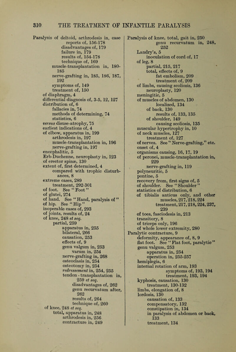 Paralysis of deltoid, arthrodesis in, case reports of, 156-178 disadvantages of, 179 failure in, 179 results of, 154-178 technique of, 169 muscle-transplantation in, ISO- 185 nerve-grafting in, 185, 186, 187, 192 symptoms of, 149 treatment of, 150 of diaphragm, 4 differential diagnosis of, 3-5, 12, 127 distribution of, 6 fallacies in, 74 methods of determining, 74 statistics, 6 versus disuse-atrophy, 75 earliest indications of, 4 of elbow, apparatus in, 199 arthrodesis in, 197 muscle-transplantation in, 196 nerve-grafting in, 197 encephalitic, 5 Erb-Duchenne, neuroplasty in, 123 of erector spinse, 130 extent of, first determined, 4 compared with trophic disturb¬ ances, 8 extreme cases, 289 treatment, 292-301 of foot. See “ Foot ” of glutei, 274 of hand. See “ Hand, paralysis of ” of hip. See “ Hip ” inoperable cases of, 293 of joints, results of, 24 of knee, 248 et seq. partial, 259 apparatus in, 255 bilateral, 266 causation, 253 effects of, 9 genu valgum in, 253 varum in, 254 nerve-grafting in, 268 osteoclasis in, 254 osteotomy in, 254 redressement in, 254, 255 tendon - transplantation in, 259 et seq. disadvantages of, 262 genu recurvatum after, 262 results of, 264 technique of, 260 of knee, 248 et seq. total, apparatus in, 248 arthrodesis in, 256 contracture in, 249 Paralysis of knee, total, gait in, 250 genu recurvatum in, 248, 252 Landry’s, 5 inoculation of cord of, 17 of leg, 8 partial, 215, 217 total, effects of, 9 fat embolism, 209 treatment of, 209 of limbs, causing scoliosis, 136 neuroplasty, 120 meningitic, 5 of muscles of abdomen, 130 localized, 134 of back, 130 results of, 133, 135 of shoulder, 149 causing scoliosis, 135 muscular hypertrophy in, 10 of neck muscles, 127 treatment of, 127 of nerves. See “Nerve-grafting,” etc. onset of, 4 organisms causing, 16, 17, 19 of peronei, muscle-transplantation in, 229 nerve-grafting in, 119 polyneuritic, 5 pontine, 5 recovery from, first signs of, 5 of shoulder. See “Shoulder” statistics of distribution, 6 of tibialis anticus only, and other muscles, 217,218,224 treatment, 217,218,224,237, 239 of toes, fasciodesis in, 213 transitory, 8 of triceps only, 196 of whole lower extremity, 280 Paralytic contracture, 9 deformity, appearance of, 8, 9 flat foot. See “Flat foot, paralytic ” genu valgum, 253 apparatus in, 254 operation in, 255-257 hemiplegia, 6 internal rotation of arm, 193 symptoms of, 193, 194 treatment, 193, 194 kyphosis, causation, 130 treatment, 130-132 limbs, elongation of, 8 lordosis, 130 causation of, 133 compensatory, 132 constipation in, 134 in paralysis of abdomen or back, 133 treatment, 134