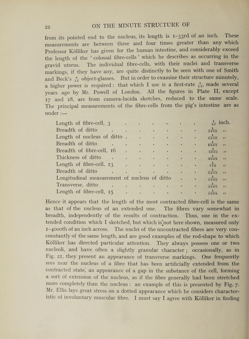 from its pointed end to the nucleus, its length is i—33r(^ inch. These measurements are between three and four times greater than any which Professor Kdlhker has given for the human intestine, and considerably exceed the length of the ‘ colossal fibre-cells ’ which he describes as occurring in the gravid uterus. The individual fibre-cells, with their nuclei and transverse markings, if they have any, are quite distinctly to be seen with one of Smith and Beck’s object-glasses. But in order to examine their structure minutely, a higher power is required : that which I use is a first-rate made several years ago by Mr. Powell of London. All the figures in Plate II, except 17 and 18, are from camera-lucida sketches, reduced to the same scale. The principal measurements of the fibre-cells from the pig’s intestine are as under :— Length of fibre-cell, 3 .... Breadth of ditto ..... Length of nucleus of ditto .... Breadth of ditto ..... Breadth of fibre-cell, 16 ... Thickness of ditto ..... Length of fibre-cell, 13 ... Breadth of ditto ..... Longitudinal measurement of nucleus of ditto Transverse, ditto ..... Length of fibre-cell, 15 ... h inch- 1 3300 ) y 1 10 00 > y 1 8000 y y 1 3 0 0 0 y y 1 4000 y y 1 7 5 0 y y 1 12 5 0 y y 1 5 5 0 0 y y 1 3 5 0 0 y y 1 10 0 0 y y Hence it appears that the length of the most contracted fibre-cell is the same as that of the nucleus of an extended one. The fibres vary somewhat in breadth, independently of the results of contraction. Thus, one in the ex¬ tended condition which I sketched, but which ishiot here shown, measured only i-4000th of an inch across. The nuclei of the uncontracted fibres are very con- constantly of the same length, and are good examples of the rod-shape to which Kolliker has directed particular attention. They always possess one or two nucleoli, and have often a slightly granular character ; occasionally, as in Fig. 21, they present an appearance of transverse markings. One frequently sees near the nucleus of a fibre that has been artificially extended from the contracted state, an appearance of a gap in the substance of the cell, forming a sort of extension of the nucleus, as if the fibre generally had been stretched more completely than the nucleus : an example of this is presented by Fig. 7. Mr. Ellis lays great stress on a dotted appearance which he considers character¬ istic of involuntary muscular fibre. I must say I agree with Kolliker in finding