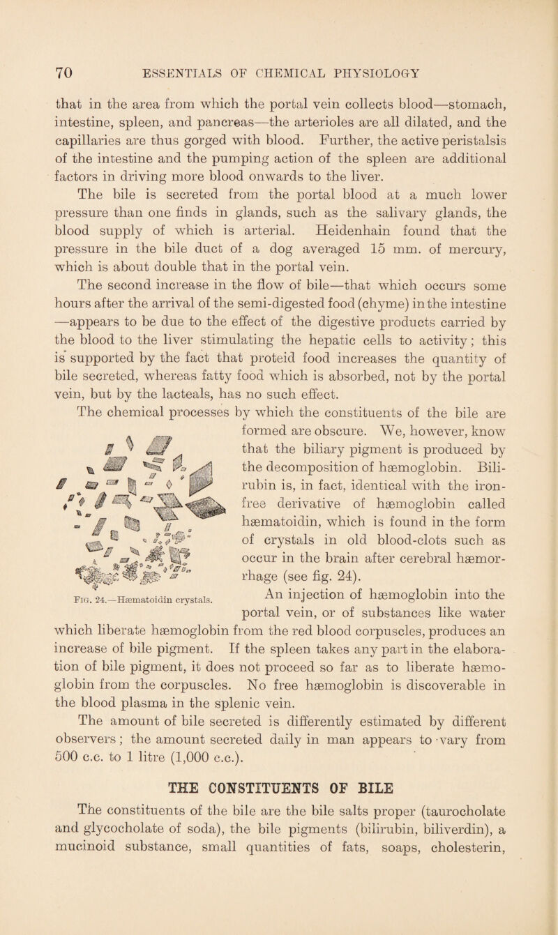 that in the area from which the portal vein collects blood—stomach, intestine, spleen, and pancreas—the arterioles are all dilated, and the capillaries are thus gorged with blood. Further, the active peristalsis of the intestine and the pumping action of the spleen are additional factors in driving more blood onwards to the liver. The bile is secreted from the portal blood at a much lower pressure than one finds in glands, such as the salivary glands, the blood supply of which is arterial. Heidenhain found that the pressure in the bile duct of a dog averaged 15 mm. of mercury, which is about double that in the portal vein. The second increase in the flow of bile—that which occurs some hours after the arrival of the semi-digested food (chyme) in the intestine —appears to be due to the effect of the digestive products carried by the blood to the liver stimulating the hepatic cells to activity; this is supported by the fact that proteid food increases the quantity of bile secreted, whereas fatty food which is absorbed, not by the portal vein, but by the lacteals, has no such effect. The chemical processes by which the constituents of the bile are formed are obscure. We, however, know that the biliary pigment is produced by the decomposition of haemoglobin. Bili¬ rubin is, in fact, identical with the iron- free derivative of haemoglobin called haematoidin, which is found in the form of crystals in old blood-clots such as occur in the brain after cerebral haemor¬ rhage (see fig. 21). An injection of haemoglobin into the portal vein, or of substances like water which liberate haemoglobin from the red blood corpuscles, produces an increase of bile pigment. If the spleen takes any part in the elabora¬ tion of bile pigment, it does not proceed so far as to liberate haemo¬ globin from the corpuscles. No free haemoglobin is discoverable in the blood plasma in the splenic vein. The amount of bile secreted is differently estimated by different observers; the amount secreted daily in man appears to vary from 500 c.c. to 1 litre (1,000 c.c.). Swirf’u Fig. 24.—Hfematoitim crystals. THE CONSTITUENTS OF BILE The constituents of the bile are the bile salts proper (taurocholate and glycocholate of soda), the bile pigments (bilirubin, biliverdin), a mucinoid substance, small quantities of fats, soaps, cholesterin,