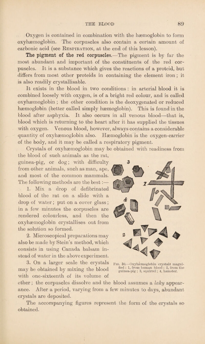 Oxygen is contained in combination with the haemoglobin to form oxyhaemoglobin. The corpuscles also contain a certain amount of carbonic acid (see Respiration, at the end of this lesson). The pigment of the red corpuscles.—The pigment is by far the most abundant and important of the constituents of the red cor¬ puscles. It is a substance which gives the reactions of a proteid, but differs from most other proteids in containing the element iron; it is also readily crystallisable. It exists in the blood in two conditions : in arterial blood it is combined loosely with oxygen, is of a bright red colour, and is called oxyhaemoglobin ; the other condition is the deoxygenated or reduced haemoglobin (better called simply haemoglobin). This is found in the blood after asphyxia. It also occurs in all venous blood—that is, blood which is returning to the heart after it has supplied the tissues with oxygen. Venous blood, however, always contains a considerable quantity of oxyhaemoglobin also. Haemoglobin is the oxygen-carrier of the body, and it may be called a respiratory pigment. Crystals of oxyhaemoglobin may be obtained with readiness from the blood of such animals as the rat, guinea-pig, or dog; with difficulty from other animals, such as man, ape, and most of the common mammals. The following methods are the best :— 1. Mix a drop of defibrinated blood of the rat on a slide with a drop of water ; put on a cover glass ; in a few minutes the corpuscles are rendered colourless, and then the oxyhaemoglobin crystallises out from the solution so formed. 2. Microscopical preparations may also be made by Stein’s method, which consists in using Canada balsam in¬ stead of water in the above experiment. 3. On a larger scale the crystals may be obtained by mixing the blood with one-sixteenth of its volume of ether; the corpuscles dissolve and the blood assumes a laky appear¬ ance. After a period, varying from a few minutes to days, abundant crystals are deposited. The accompanying figures represent the form of the crystals so obtained.