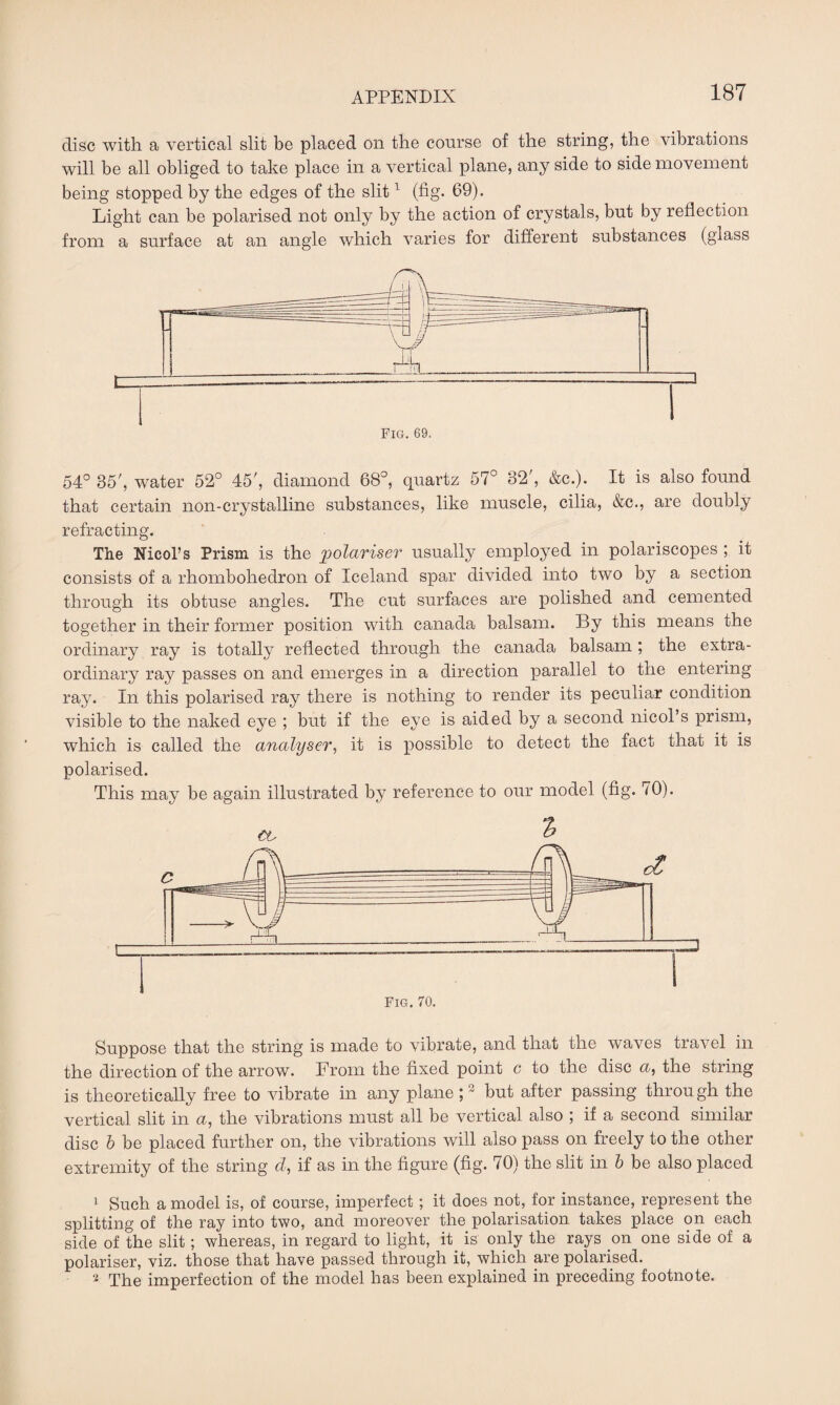 disc with a vertical slit be placed on the course of the string, the vibrations will be all obliged to take place in a vertical plane, any side to side movement being stopped by the edges of the slit1 2 (fig. 69). Light can be polarised not only by the action of crystals, but by reflection from a surface at an angle which varies for different substances (glass Fig. 69. 54° 35', water 52° 45', diamond 68°, quartz 57° 32', &c.). It is also found that certain non-crystalline substances, like muscle, cilia, &c., are doubly refracting. The Nicol’s Prism is the polariser usually employed in polariscopes ; it consists of a rhombohedron of Iceland spar divided into two by a section through its obtuse angles. The cut surfaces are polished and cemented together in their former position with Canada balsam. By this means the ordinary ray is totally reflected through the Canada balsam ; the extra¬ ordinary ray passes on and emerges in a direction parallel to the entering ray. In this polarised ray there is nothing to render its peculiar condition visible to the naked eye ; but if the eye is aided by a second nicol’s prism, which is called the analyser, it is possible to detect the fact that it is polarised. This may be again illustrated by reference to our model (fig. 70). CO 2 Suppose that the string is made to vibrate, and that the waves travel in the direction of the arrow. Prom the fixed point c to the disc <x, the string is theoretically free to vibrate in any plane ;3 but after passing through the vertical slit in <x, the vibrations must all be vertical also ; if a second similar disc b be placed further on, the vibrations will also pass on freely to the other extremity of the string d, if as in the figure (fig. 70) the slit in b be also placed 1 Such a model is, of course, imperfect; it does not, for instance, represent the splitting of the ray into two, and moreover the polarisation takes place on each side of the slit; whereas, in regard to light, it is only the rays on one side of a polariser, viz. those that have passed through it, which are polarised. 2 The imperfection of the model has been explained in preceding footnote.