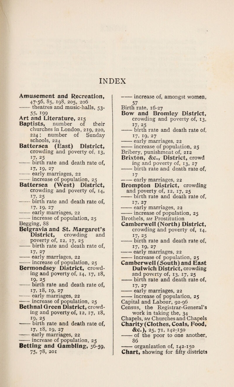 Amusement and Recreation, 47-56. 85,-198, 205, 206 -theatres and music-halls, 53- 55. *99 Art and Literature, 215 Baptists, number of their churches in London, 219, 220, 224; number of Sunday schools, 224 Battersea (East) District, crowding and poverty of, 13, 17. 25 -birth rate and death rate of, 17. 19. 27 -early marriages, 22 -increase of population, 25 Battersea (West) District, crowding and poverty of, 14, 17. 25 -birth rate and death rate of, 17. 19. 27 -early marriages, 22 -increase of population, 25 Begging, 88 Belgravia and St. Margaret’s District, crowding and poverty of, 12, 17, 25 -birth rate and death rate of, 17, 27 -early marriages, 22 -increase of population, 25 Bermondsey District, crowd¬ ing and poverty of, 14, 17, 18, 19. 25 -birth rate and death rate of, 17, 18, 19, 27 -early marriages, 22 -increase of population, 25 Bethnal Green District, crowd¬ ing and poverty of, 12, 17, 18, 19. 25 --birth rate and death rate of, 17, 18, 19, 27 -early marriages, 22 -increase of population, 25 Betting and Gambling, 56-59, 75, 78, 201 -increase of, amongst women, 57 Birth rate, 16-27 Bow and Bromley District, crowding and poverty of, 13, 17. 25 -birth rate and death rate of, 17. 19. 27 -early marriages, 22 -increase of population, 25 Bribery, punishment of, 212 Brlxton, &c., District, crowd ing and poverty of, 13, 17 -birth rate and death rate of, i7 -early marriages, 22 Brompton District, crowding and poverty of, 12, 17, 25 -birth rate and death rate of, 17, 27 -early marriages, 22 -increase of population, 25 Brothels, see Prostitution Camberwell (North) District, crowding and poverty of, 14, 17. 25 -birth rate and death rate of, 17. I9. 27 -early marriages, 22 -increase of population, 25 Camberwell (South) and East Dulwich District, crowding and poverty of, 13, 17, 25 -birth rate and death rate of, 17, 27 -early marriages, 22 -increase of population, 25 Capital and Labour, 92-96 Census, the Registrar-General's work in taking the, 34 Chapels, see Churches and Chapels Charity (Clothes, Coals, Food, &c.), 25, 71, 142-150 -of the poor to one another, 86 -organization of, 142-150 Chart, showing for fifty districts
