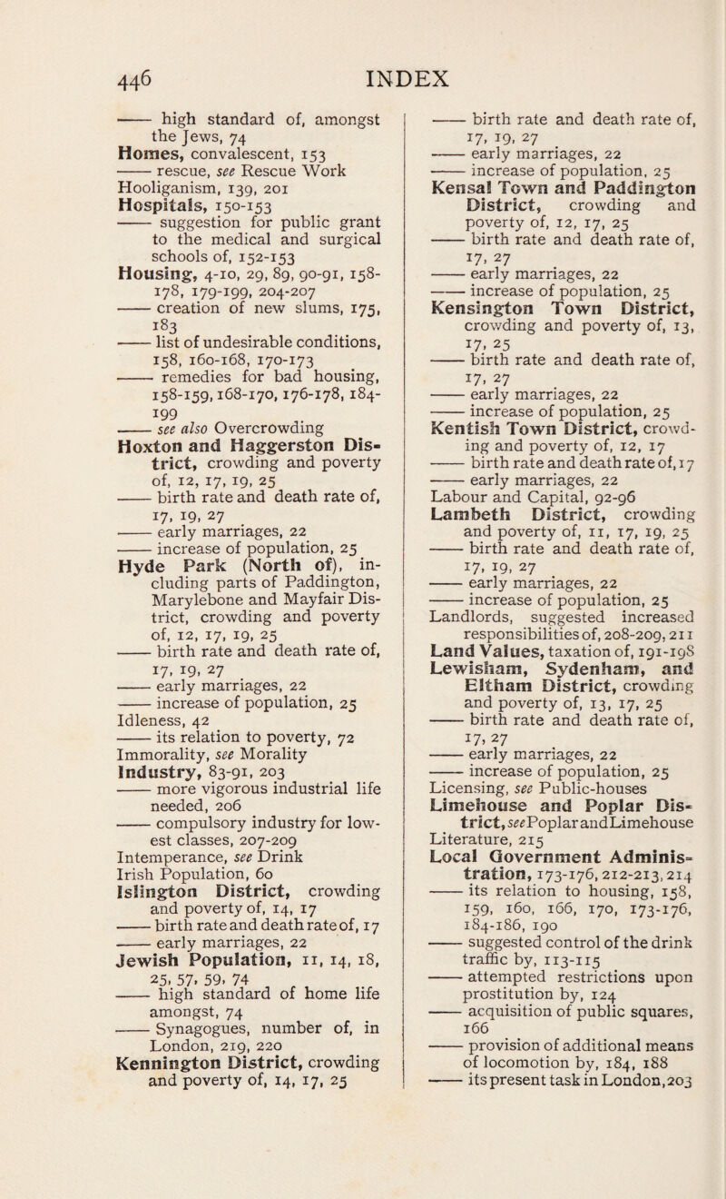 •- high standard of, amongst the Jews, 74 Homes, convalescent, 153 -rescue, see Rescue Work Hooliganism, 139, 201 Hospitals, 150-153 - suggestion for public grant to the medical and surgical schools of, 152-153 Housing, 4-10, 29, 89, 90-91, 158- 178, 179-199, 204-207 -creation of new slums, 175, i83 -list of undesirable conditions, 158, 160-168, 170-173 - remedies for bad housing, 158-159,168-170, 176-178, 184- 199 --see also Overcrowding Hoxton and Haggerston Dis¬ trict, crowding and poverty of, 12, 17, 19, 25 -birth rate and death rate of, 17, 19, 27 --early marriages, 22 -increase of population, 25 Hyde Park (North of), in¬ cluding parts of Paddington, Marylebone and Mayfair Dis¬ trict, crowding and poverty of, 12, 17, 19, 25 -birth rate and death rate of, 17. 19. 27 -early marriages, 22 -increase of population, 25 Idleness, 42 -its relation to poverty, 72 Immorality, see Morality Industry, 83-91, 203 -more vigorous industrial life needed, 206 -compulsory industry for low¬ est classes, 207-209 Intemperance, see Drink Irish Population, 60 Islington District, crowding and poverty of, 14, 17 -birth rate and death rate of, 17 -early marriages, 22 Jewish Population, n, 14, 18, 25. 57» 59* 74 - high standard of home life amongst, 74 -Synagogues, number of, in London, 219, 220 Kennington District, crowding and poverty of, 14, 17, 25 -birth rate and death rate of, 17, 19, 27 -early marriages, 22 -increase of population, 25 Kensal Town and Paddington District, crowding and poverty of, 12, 17, 25 -birth rate and death rate of, 17, 27 -early marriages, 22 -increase of population, 25 Kensington Town District, crowding and poverty of, 13, 17. 25 -birth rate and death rate of, 17, 27 -early marriages, 22 -increase of population, 25 Kentish Town District, crowd¬ ing and poverty of, 12, 17 -birth rate and death rate of, 17 -early marriages, 22 Labour and Capital, 92-96 Lambeth District, crowding and poverty of, 11, 17, 19, 25 -birth rate and death rate of, 17, 19, 27 -early marriages, 22 -increase of population, 25 Landlords, suggested increased responsibilities of, 208-209,211 Land Values, taxation of, 191-19S Lewisham, Sydenham, and Eltham District, crowding and poverty of, 13, 17, 25 -birth rate and death rate of, 17, 27 -early marriages, 22 -increase of population, 25 Licensing, see Public-houses Limehouse and Poplar Dis¬ trict, s^PoplarandLimehouse Literature, 215 Local Government Adminis= tration, 173-176,212-213,214 -its relation to housing, 158, 159, 160, 166, 170, 173-176, 184-186, 190 -suggested control of the drink traffic b}', 113-115 -attempted restrictions upon prostitution by, 124 -acquisition of public squares, 166 -provision of additional means of locomotion by, 184, 188 -its present task in London, 203