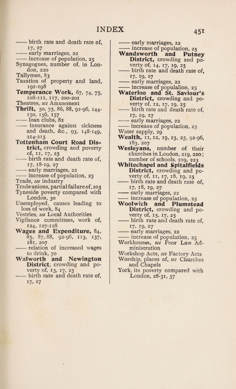-birth rate and death rate of, 17, 27 -early marriages, 22 -increase of population, 25 Synagogues, number of, in Lon¬ don, 220 Tallymen, 83 Taxation of property and land, 191-198 Temperance Work, 67, 74, 75, 108-m, 117, 200-201 Theatres, see Amusement Thrift, 50, 75, 86, 88, 92-96, 144- 150, 156, 157 -loan clubs, 82 -insurance against sickness and death, &c., 93, 148-149, 214-215 Tottenham Court Road Dis= trict, crowding and poverty of, 11, 17, 25 -birth rate and death rate of, 17, 18-19, 27 -early marriages, 22 -increase of population, 25 Trade, see industry Trade unions, partial failure of, 203 Tyneside poverty compared with London, 30 Unemployed, causes leading to loss of work, 84 Vestries, see Local Authorities Vigilance committees, work of, 124, 127-128 Wages and Expenditure, 84, 85, 87,88, 92-96, 113, 137, 181, 207 -relation of increased wages to drink, 70 Walworth and Newington District, crowding and po¬ verty of, 13, 17, 25 -birth rate and death rate of, 17, 27 -early marriages, 22 -increase of population, 25 Wandsworth and Putney District, crowding and po¬ verty of, 14, 17, 19, 25 -birth rate and death rate of, 17, 19, 27 -early marriages, 22 -increase of populalion, 25 Waterloo and St. Saviour’s District, crowding and po¬ verty of, 12, 17, 19, 25 -birth rate and death rate of, 17, 19, 27 -early marriages, 22 -increase of population, 25 Water supply, 29 Wealth, 11,12, 19, 23, 25, 92-96, 183, 207 Wesleyans, number of their churches in London, 219, 220; number of schools, 219, 223 Whitechapel and Spitalfields District, crowding and po¬ verty of, 11, 17, 18, 19, 25 -birth rate and death rate of, 17, l8> I9. 27 -early marriages, 22 -increase of population, 25 Woolwich and Plumstead District, crowding and po¬ verty of, 15, 17, 25 -birth rate and death rate of, 17, 19, 27 -early marriages, 22 -increase of population, 25 Workhouses, see Poor Law Ad¬ ministration Workshop Acts, see Factory Acts Worship, places of, see Churches and Chapels York, its poverty compared with London, 28-31, 37