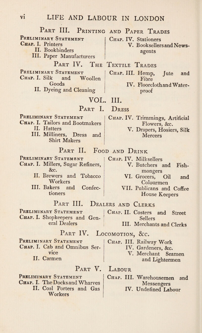 Part III. Printing and Paper Trades Preliminary Statement Chap. I. Printers II. Bookbinders III. Paper Manufacturers Part IV. The Preliminary Statement Chap. I. Silk and Woollen Goods II. Dyeing and Cleaning VOL Part I. Preliminary Statement Chap. I. Tailors and Bootmakers II. Hatters III. Milliners, Dress and Shirt Makers Chap. IV. Stationers V. Booksellers and News¬ agents Textile Trades Chap. III. Hemp, Jute and Fibre IV. Floorcloth and Water¬ proof . III. Dress Chap. IV. Trimmings, Artificial Flowers, &c. V. Drapers, Hosiers, Silk Mercers Part II. Food and Drink Preliminary Statement ; Chap. I. Millers, Sugar Refiners, j & c. II. Brewers and Tobacco j Workers III. Bakers and Confec¬ tioners Chap. IV. Milksellers V. Butchers and Fish¬ mongers VI. Grocers, Oil and Colourmen VII. Publicans and Coffee House Keepers Part III. Dealers and Clerks Preliminary Statement I Chap. II. Costers and Street Chap. I. Shopkeepers and Gen- | Sellers eral Dealers j III. Merchants and Clerks Part IV. Locomotion, &c. Preliminary Statement Chap. I. Cab and Omnibus Ser¬ vice II. Carmen Part V. Preliminary Statement Chap. I. The Docks and Wharves II. Coal Porters and Gas Workers Chap. III. Railway Work IV. Gardeners, &c. V. Merchant Seamen and Lightermen Labour Chap. III. Warehousemen and Messengers IV. Undefined Labour