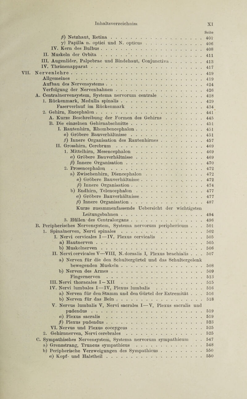 Seite ß) Netzhaut, Retina.401 y) Papilla n. optici und N. opticus.406 IY. Kern des Bulbus.408 II. Muskeln der Orbita.'.411 III. Augenlider, Palpebrae und Bindehaut, Conjunctiva.413 IY. Thränenapparat.. VII. Nervenlehre..419 Allgemeines .419 Aufbau des Nervensystems.424 Verfolgung der Nervenbahnen.426 A. Centralnervensystem, Systema nervorum centrale.428 1. Rückenmark, Medulla spinalis.429 Faserverlauf im Rückenmark .434 2. Gehirn, Encephalon.441 A. Kurze Beschreibung der Formen des Gehirns.445 B. Die einzelnen Gehirnabschnitte.451 I. Rautenhirn, Rhombencephalon.451 «) Gröbere Bauverhältnisse.451 ß) Innere Organisation des Rautenhirnes.457 II. Grosshirn, Cerebrum.469 1. Mittelhirn, Mesencephalon.469 a) Gröbere Bau Verhältnisse.469 ß) Innere Organisation.470 2. Prosencephalon ..472 a) Zwischenhirn, Diencephalon.472 a) Gröbere Bau Verhältnisse.. . . . 472 ß) Innere Organisation.474 b) Endhirn, Telencephalon.477 a) Gröbere Bauverhältnisse.477 ß) Innere Organisation.487 Kurze zusammenfassende Uebersicht der wichtigsten Leitungsbahnen.494 3. Hüllen des Centralorgans.496 B. Peripherisches Nervensystem, Systema nervorum periphericum . . . 501 1. Spinalnerven, Nervi spinales.502 I. Nervi cervicales I — IV, Plexus cervicalis.505 a) Hautnerven.505 b) Muskelnerven.506 II. Nervi cervicales V—VIII, N. dorsalis I, Plexus brachialis . . . 507 a) Nerven für die den Schultergürtel und das Schultergelenk bewegenden Muskeln.508 b) Nerven des Armes.509 Fingernerven .513 III. Nervi thoracales I —XII .515 IV. Nervi lumbales I—IV, Plexus lumbalis .516 a) Nerven für den Stamm und den Gürtel der Extremität . . . 516 b) Nerven für das Bein ..518 V. Nervus lumbalis V, Nervi sacrales I — V, Plexus sacralis und pudendus.519 a) Plexus sacralis .519 ß) Plexus pudendus.523 VI. Nervus und Plexus coccygeus.525 2. Gehirnnerven, Nervi cerebrales.525 C. Sympathisches Nervensystem, Systema nervorum sympathicum . . 547 a) Grenzstrang, Truncus sympathicus .548 b) Peripherische Verzweigungen des Sympathicus.550 a) Kopf- und Halstheil.550