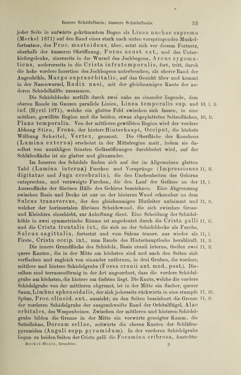 jeder Seite in aufwärts gekrümmtem Rogen als Linea nucliae Suprema (Merkel 1871) auf den Rand eines stark nach unten vorspringenden Muskel¬ fortsatzes, des Proc. mastoideus, über, setzt sich vor diesem Fortsatz, oberhalb der äusseren Ohröffnung, Porus acust. ext., und des Unter¬ kiefergelenks, einerseits in die Wurzel des Jochbogens, Arcus zygoma- ticus, andererseits in die Crista infratemporalis, fort, tritt, durch die hohe vordere Insertion des Jochbogens unterbrochen, als oberer Rand der Augenhöhle, Margo supraorbitalis, auf das Gesicht über und kommt in der Nasenwurzel, Radix nasi, mit der gleichnamigen Kante der an¬ deren Schädelhälfte zusammen. Die Schädeldecke zerfällt durch zwei nahe an einander liegende, dem oberen Rande im Ganzen parallele Linien, Linea temporalis sup. und 10, I, II. inf. (Hyrtl 1871), welche ein glattes Feld zwischen sich fassen, in eine mittlere, gewölbte Region und die beiden, etwas abgeplatteten Seitenflächen, 10, II. Plana temporalia. Von der mittleren gewölbten Region wird der vordere Abhang Stirn, Frons, der hintere Hinterhaupt, Occiput, die höchste Wölbung Scheitel, Vertex, genannt. Die Oberfläche des Knochens (Lamina externa) erscheint in der Mittelregion matt, indem sie da¬ selbst von unzähligen feinsten Gefässöffnungen durchbohrt wird, auf der Schläfenfläche ist sie glatter und glänzender. Im Inneren des Schädels finden sich auf der im Allgemeinen glatten Tafel (Lamina interna) Furchen und Vorsprünge (Impressiones 11, II. digitatae und Juga cerebralia), die den Unebenheiten des Gehirns entsprechen, und verzweigte Furchen, die den Lauf der Gefässe an der 11, I. Aussenfläche der fibrösen Hülle des Gehirns bezeichnen. Eine Abgrenzung zwischen Basis und Decke ist nur an der hinteren Wand erkennbar an dem Sulcus transversus, der den gleichnamigen Blutleiter aufnimmt und 11, II. welcher der horizontalen fibrösen Scheidewand, die sich zwischen Gross* und Kleinhirn einschiebt, zur Anheftung dient. Eine Scheidung der Schädel¬ höhle in zwei symmetrische Räume ist angedeutet durch die Crista galli 11, II. und die Crista frontalis int., die sich an der Schädeldecke als Furche, Sulcus sagittalis, fortsetzt und vom Sulcus transv. aus wieder als 11, I. Firste, Crista occip. int., zum Rande des Hinterhauptlochs herabläuft. 11, II. Die innere Grundfläche des Schädels, Basis cranii interna, theilen zwei 11, II. quere Kanten, die in der Mitte am höchsten sind und nach den Seiten sich verflachen und zugleich von einander entfernen, in drei Gruben, die vordere, mittlere und hintere Schädelgrube (Fossa cranii ant. med., post.). Die¬ selben sind terrassenförmig in der Art angeordnet, dass die vordere Schädel¬ grube am höchsten, die hintere am tiefsten liegt. Die Kante, welche die vordere Schädelgrube von der mittleren abgrenzt, ist in der Mitte ein flacher, querer Saum, Li mb us sphenoidalis, der sich jederseits rückwärts in eine stumpfe 17, III. Spitze, Proc. clinoid. ant., auszieht; zu den Seiten bezeichnet die Grenze 11, II. der vorderen Schädelgrube der ausgeschweifte Rand der Orbitalflügel, Alae orbitales, des Wespenbeines. Zwischen der mittleren und hinteren Schädel¬ grube bilden die Grenze in der Mitte ein vorwärts geneigter Kamm, die Sattellehne, Dorsum sellae, seitwärts die oberen Kanten der Schläfen¬ pyramiden (Anguli supp, pyramidum). In der vorderen Schädelgrube liegen zu beiden Seiten der Crista galli die Foramina cribrosa, Austritts- Mer kel-Henle, Grundriss. 3