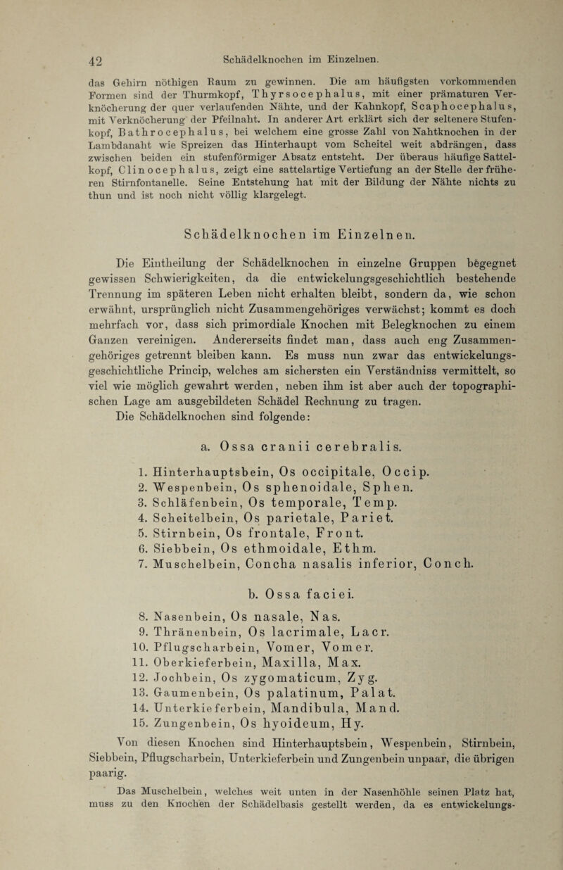 das Gehirn nÖthigen Raum zu gewinnen. Die am häufigsten vorkommenden Formen sind der Thurmkopf, Thyrsocephalus, mit einer prämaturen Ver¬ knöcherung der quer verlaufenden Nähte, und der Kahnkopf, Scaphocephalu s, mit Verknöcherung der Pfeilnaht. In anderer Art erklärt sich der seltenere Stufen¬ kopf, B ath r o c ep h al u s , bei welchem eine grosse Zahl von Nahtknochen in der Lambdanaht wie Spreizen das Hinterhaupt vom Scheitel weit abdrängen, dass zwischen beiden ein stufenförmiger Absatz entsteht. Der überaus häufige Sattel¬ kopf, Clinocephalus, zeigt eine sattelartige Vertiefung an der Stelle der frühe¬ ren Stirnfontanelle. Seine Entstehung hat mit der Bildung der Nähte nichts zu thun und ist noch nicht völlig klargelegt. Schädelknochen im Einzelnen. Die Eintkeilung der Scliädelknochen in einzelne Gruppen bögegnet gewissen Schwierigkeiten, da die entwickelungsgeschicbtlicb bestehende Trennung im späteren Leben nicht erhalten bleibt, sondern da, wie schon erwähnt, ursprünglich nicht Zusammengehöriges verwächst; kommt es doch mehrfach vor, dass sich primordiale Knochen mit Belegknochen zu einem Ganzen vereinigen. Andererseits findet man, dass auch eng Zusammen¬ gehöriges getrennt bleiben kann. Es muss nun zwar das entwickelungs¬ geschichtliche Princip, welches am sichersten ein Verständniss vermittelt, so viel wie möglich gewahrt werden, neben ihm ist aber auch der topographi¬ schen Lage am ausgebildeten Schädel Rechnung zu tragen. Die Schädelknochen sind folgende: a. Ossa cranii cerebralis. 1. Hinterhauptsbein, Os occipitale, Occip. 2. Wespenbein, Os sphenoidale, Sphen. 3. Schläfenbein, Os temporale, Temp. 4. Scheitelbein, Os parietale, Pariet. 5. Stirnbein, Os frontale, Front. 6. Siebbein, Os ethmoidale, Ethm. 7. Muschelbein, Concha nasalis inferior, Conch. b. Ossa fa ci ei. 8. Nasenbein, Os nasale, Nas. 9. Thränenbein, Os lacrimale, Laer. 10. Pflugscharbein, Vomer, Voiner. 11. Oberkieferbein, Maxilla, Max. 12. Jochbein, Os zygomaticum, Zyg. 13. Gaumenbein, Os palatinum, Palat. 14. Unterkieferbein, Mandibula, Mand. 15. Zungenbein, Os hyoideum, Hy. Von diesen Knochen sind Hinterhauptsbein, Wespenbein, Stirnbein, Siebbein, Pflugscharbein, Unterkieferbein und Zungenbein unpaar, die übrigen paarig. Das Musclielbein, welches weit unten in der Nasenhöhle seinen Platz bat, muss zu den Knochen der Schädelbasis gestellt werden, da es entwickelungs-