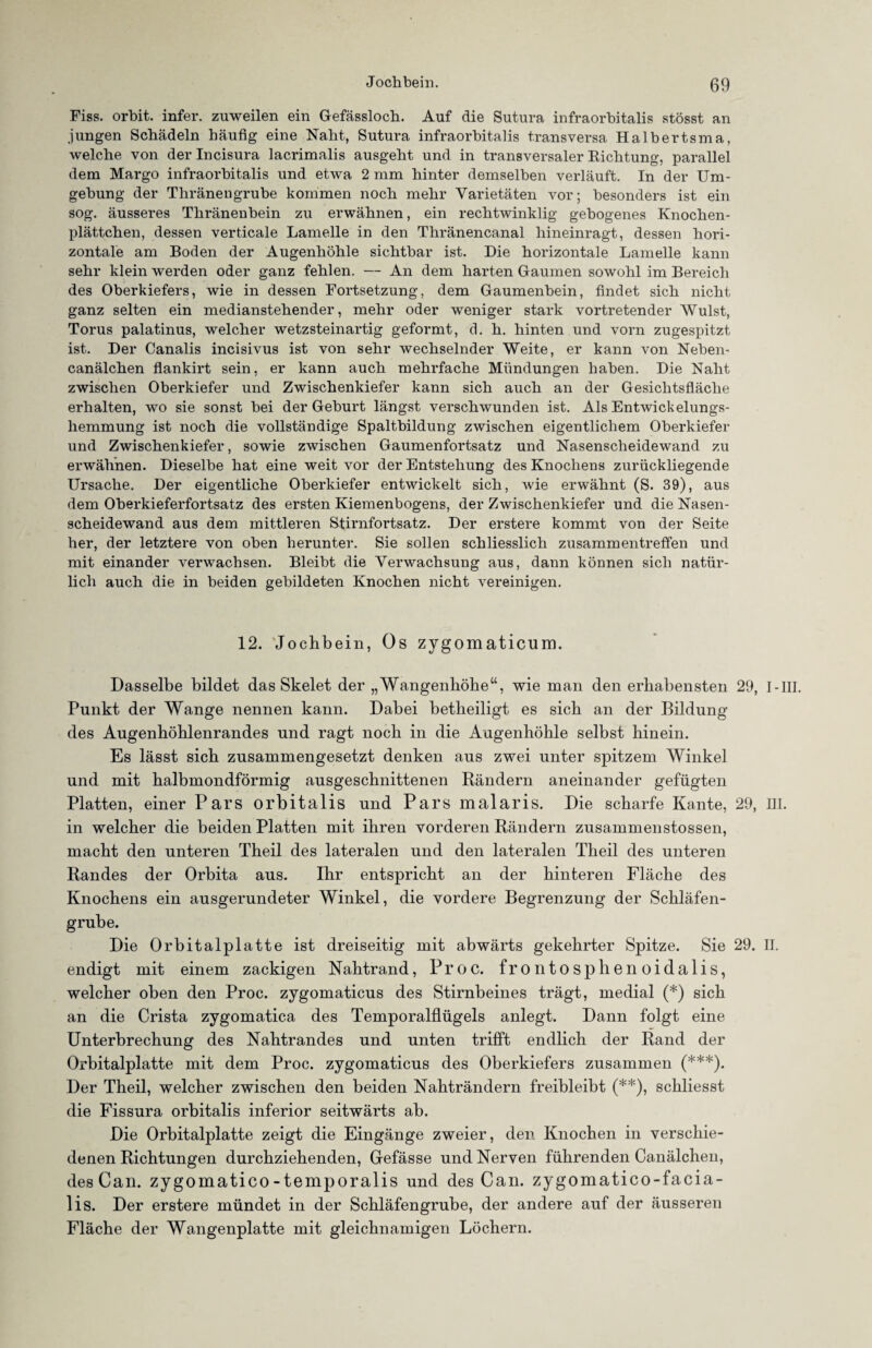 Fiss. orhit. infer. zuweilen ein Gefässloch. Auf die Sutura infraorbitalis stösst an jungen Schädeln häufig eine Naht, Sutura infraorbitalis transversa Halbertsma, welche von der Incisura lacrimalis ausgeht und in transversaler Richtung, parallel dem Margo infraorbitalis und etwa 2 mm hinter demselben verläuft. In der Um¬ gebung der Thränengrube kommen noch mehr Varietäten vor; besonders ist ein sog. äusseres Thränenbein zu erwähnen, ein rechtwinklig gebogenes Knochen¬ plättchen, dessen verticale Lamelle in den Thränencanal hineinragt, dessen hori¬ zontale am Boden der Augenhöhle sichtbar ist. Die horizontale Lamelle kann sehr klein werden oder ganz fehlen. — An dem harten Gaumen sowohl im Bereich des Oberkiefers, wie in dessen Fortsetzung, dem Gaumenbein, findet sich nicht ganz selten ein medianstehender, mehr oder weniger stark vortretender Wulst, Torus palatinus, welcher wetzsteinartig geformt, d. h. hinten und vorn zugespitzt ist. Der Canalis incisivus ist von sehr wechselnder Weite, er kann von Neben- canälchen flankirt sein, er kann auch mehrfache Mündungen haben. Die Naht zwischen Oberkiefer und Zwischenkiefer kann sich auch an der Gesichtsfläche erhalten, wo sie sonst bei der Geburt längst verschwunden ist. Als Entwickelungs¬ hemmung ist noch die vollständige Spaltbildung zwischen eigentlichem Oberkiefer und Zwischenkiefer, sowie zwischen Gaumenfortsatz und Nasenscheidewand zu erwähnen. Dieselbe hat eine weit vor der Entstehung des Knochens zurückliegende Ursache. Der eigentliche Oberkiefer entwickelt sich, wie erwähnt (S. 39), aus dem Oberkieferfortsatz des ersten Kiemenbogens, der Zwischenkiefer und die Nasen¬ scheidewand aus dem mittleren Stirnfortsatz. Der erstere kommt von der Seite her, der letztere von oben herunter. Sie sollen schliesslich Zusammentreffen und mit einander verwachsen. Bleibt die Verwachsung aus, dann können sich natür¬ lich auch die in beiden gebildeten Knochen nicht vereinigen. 12. Jochbein, Os zygomaticum. Dasselbe bildet das Skelet der „Wangenhöbe“, wie man den erhabensten 29, I-III. Punkt der Wange nennen kann. Dabei betheiligt es sich an der Bildung des Augenhöhlenrandes und ragt noch in die Augenhöhle selbst hinein. Es lässt sich zusammengesetzt denken aus zwei unter spitzem Winkel und mit halbmondförmig ausgeschnittenen Rändern aneinander gefügten Platten, einer Pars orbitalis und Pars malaris. Die scharfe Kante, 29, RI. in welcher die beiden Platten mit ihren vorderen Rändern zusammenstossen, macht den unteren Theil des lateralen und den lateralen Theil des unteren Randes der Orbita aus. Ihr entspricht an der hinteren Fläche des Knochens ein ausgerundeter Winkel, die vordere Begrenzung der Schläfen¬ grube. Die Orbitalplatte ist dreiseitig mit abwärts gekehrter Spitze. Sie 29. II. endigt mit einem zackigen Nahtrand, Proc. frontos phenoidalis, welcher oben den Proc. zygomaticus des Stirnbeines trägt, medial (*) sich an die Crista zygomatica des Temporalflügels anlegt. Dann folgt eine Unterbrechung des Nahtrandes und unten trifft endlich der Rand der Orbitalplatte mit dem Proc. zygomaticus des Oberkiefers zusammen (***). Der Theil, welcher zwischen den beiden Nahträndern freibleibt (**), schliesst die Fissura orbitalis inferior seitwärts ab. Die Orbitalplatte zeigt die Eingänge zweier, den Knochen in verschie¬ denen Richtungen durchziehenden, Gefässe und Nerven führenden Canälchen, desCan. zygomatico-temporalis und des Can. zygomatico-facia- lis. Der erstere mündet in der Schläfengrube, der andere auf der äusseren Fläche der Wangenplatte mit gleichnamigen Löchern.