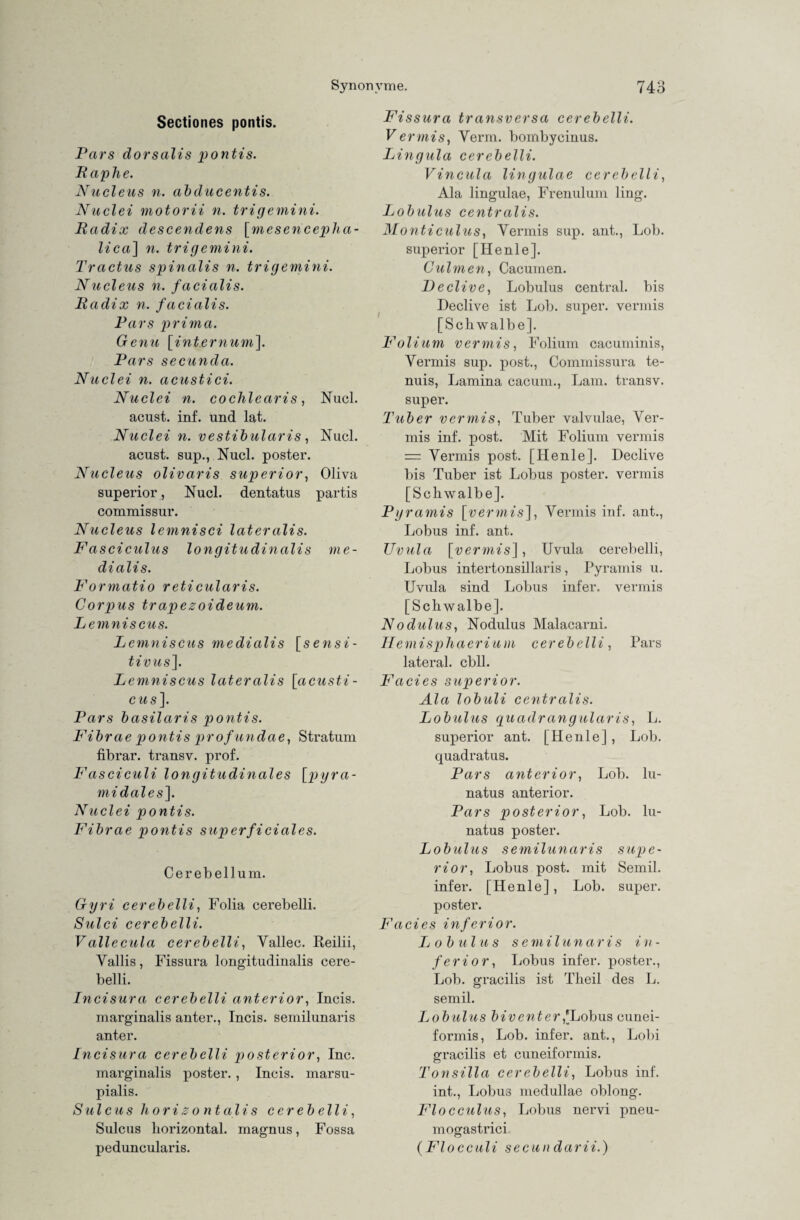 Sectiones pontis. Pars dorsalis pontis. Paphe. Nucleus n. abducentis. Nuclei motorii n. trigemini. Radix descendens [mesencepha- lica] n. trigemini. Tractus spinalis n. trigemini. Nucleus n. facialis. Radix n. facialis. Pars prima. Genu [internum]. Pars secunda. Nuclei n. acustici. Nuclei n. coclnlearis, Nucl. acust. inf. und lat. Nuclei n. vestibularis, Nucl. acust. sup., Nucl. poster. Nucleus olivaris superior, Oliva superior, Nucl. dentatus partis commissur. Nucleus lemnisci lateralis. Fasciculus longitudinalis me- dialis. Formatio reticularis. Corpus trapezoideum. Lemniscus. Lemniscus medialis [sensi- tivus]. Lemniscus lateralis [acusti- cus\. Pars basilaris pontis. Fibrae pontis prof undae, Stratum fibrar. transv. prof. Fasciculi longitudinales [pyra¬ midales]. Nuclei pontis. Fibrae pontis superficiales. Cerebellum. Gyri cerebelli, Folia cerebelli. Sulci cerebelli. Vallecula cerebelli, Yallec. Reilii, Yallis, Fissura longitudinalis cere¬ belli. Incisura cerebelli anterior, Incis. marginalis anter., Incis. semilunaris anter. Incisura cerebelli posterior, Inc. marginalis poster. , Incis. marsu- pialis. Sulcus horizontalis c er eb eil i, Sulcus horizontal, magnus, Fossa peduncularis. Fissura transversa cerebelli. Vermis, Yerm. bombycinus. Lingula cerebelli. Vincula lingulae cerebelli, Ala lingulae, Frenulum ling. Lobulus centralis. Monticulus, Yermis sup. ant., Lob. superior [Henie]. Culmen, Cacumen. Declive, Lobulus central, bis Declive ist Lob. super, vermis [Schwalbe]. Folium vermis, Folium cacuminis, Yermis sup. post., Commissura te- nuis, Lamina cacuiri., Lam. transv. super. Tuber vermis, Tuber valvulae, Ver¬ mis inf. post. Mit Folium vermis = Yermis post. [Henle]. Declive bis Tuber ist Lobus poster. vermis [Schwalbe]. Pyramis [vermis], Yermis inf. ant., Lobus inf. ant. Uvula [vermis], Uvula cerebelli, Lobus intertonsillaris, Pyramis u. Uvula sind Lobus infer. vermis [Schwalbe]. Nodulus, Nodulus Malacarni. Hemisphaerium cerebelli, Pars lateral, cbll. Facies superior. Ala lobuli centralis. Lobulus quadrangularis, L. superior ant. [Henle], Lob. quadratus. Pars anterior, Lob. lu- natus anterior. Pars posterior, Lob. lu- natus poster. Lobulus semilunaris supe¬ rior, Lobus post, mit Semil. infer. [Henle], Lob. super, poster. Facies inferior. Lobulus semilunaris in¬ ferior, Lobus infer. poster., Lob. gracilis ist Theil des L. semil. Lobulus biventer,[Lobus cunei- formis, Lob. infer. ant., Lobi gracilis et cuneiformis. Tonsilla cerebelli, Lobus inf. int., Lobus medullae oblong. Flocculus, Lobus nervi pneu- mogastrici (Flocculi secun darii.)