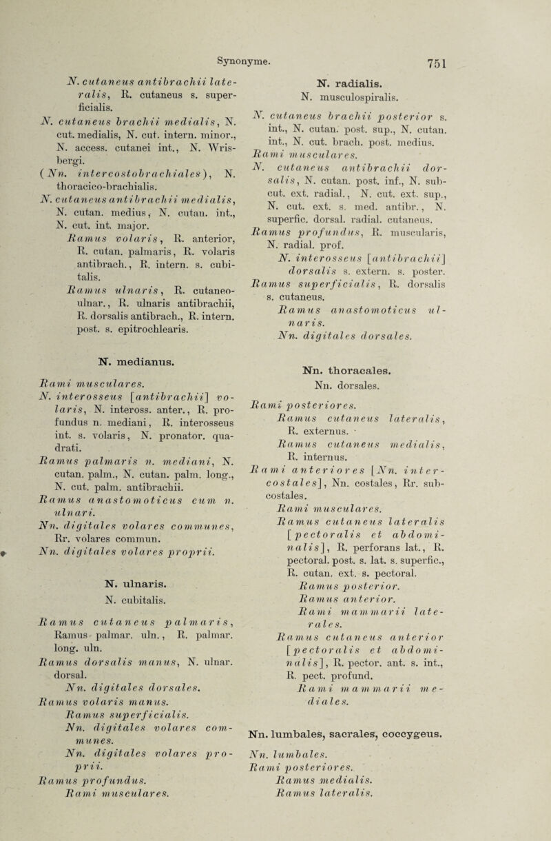 N. cutaneus antibrachii late¬ ralis, R. cutaneus s. super¬ ficialis. N. cutaneus bracliii medialis, N. cut. medialis, N. cut. intern, minor., N. access. cutanei int., N. Wris- bergi. (Nn. intercostobrachiales), N. thoracico-brachialis. N. cutaneus antibrach ii medialis, N. cutan. medius, N. cutan. int., N. cut. int. major. Ramus volaris, R. anterior, R. cutan. palmaris, R. volaris antibracb., R. intern, s. cubi- talis. Ramus ulnaris, R. cutaneo- ulnar., R. ulnaris antibrachii, R. dorsalis antibrach., R. intern, post. s. epitrochlearis. N. radialis. N. musculospiralis. N. cutaneus bracliii posterior s. int., N. cutan. post, sup., N. cutan. int., N. cut. brach, post, medius. Rami musculares. N. cutaneus antibrachii dor¬ salis, N. cutan. post, inf., N. sub- cut. ext. radial., N. cut. ext. sup., N. cut. ext. s. med. antibr., N. superfic. dorsal, radial, cutaneus. Ramus profundus, R. muscularis, N. radial, prof. N. interosseus [antibrachii] dorsalis s. extern, s. poster. Ramus superficialis, R. dorsalis s. cutaneus. Ramus anastomoticus ul - n a r i s. Nn. digitales dorsales. N. medianus. Rami musculares. N. interosseus [antibrachii] vo¬ laris, N. inteross. anter., R. pro¬ fundus n. mediani, R. interosseus int. s. volaris, N. pronator. qua- drati. Ramus palmaris n. mediani, N. cutan. palm., N. cutan. palm. long., N. cut. palm. antibrachii. Ramus anastomoticus cum n. ulnari. Nn. digitales volares communes, Rr. volares comrnun. Nn. digitales volares proprii. N. ulnaris. N. cubitalis. Ramus cutaneus p al m a ris, Ramus palmar, uln., R. palmar, long. uln. Ramus dorsalis manus, N. ulnar, dorsal. Nn. digitales dorsales. Ramus volaris manus. Ramus superficialis. Nn. digitales volares com¬ munes. Nn. digitales volares pro- p r i i. Ramus profundus. Rami musculares. Nn. thoracales. Nn. dorsales. Rami posteriores. Ramus cutaneus lateralis, R. externus. * Ramus cutaneus medialis, R. internus. R a m i anteriores [ JV n. int er - costales], Nn. cost.ales, Rr. sub- costales. Rami musculares. Ramus cutaneus lateralis [ pectoralis et abdomi- nalis ] , R. perforans lat., R. pectoral. post. s. lat. s. superfic., R. cutan. ext. s. pectoral. Ramus posterior. Ramus anterior. R a m i m a m m a rii late¬ rale s. Ramus cutaneus anterior [pectoralis et abdomi¬ nalis], R. pector. ant. s. int., R. pect, profund. R a m i m a m m a r i i m e - diale s. Nn. lumbales, sacrales, coccygeus. Nn. lumbales. Rami posteriores. Ramus medialis. Ramus lateralis.