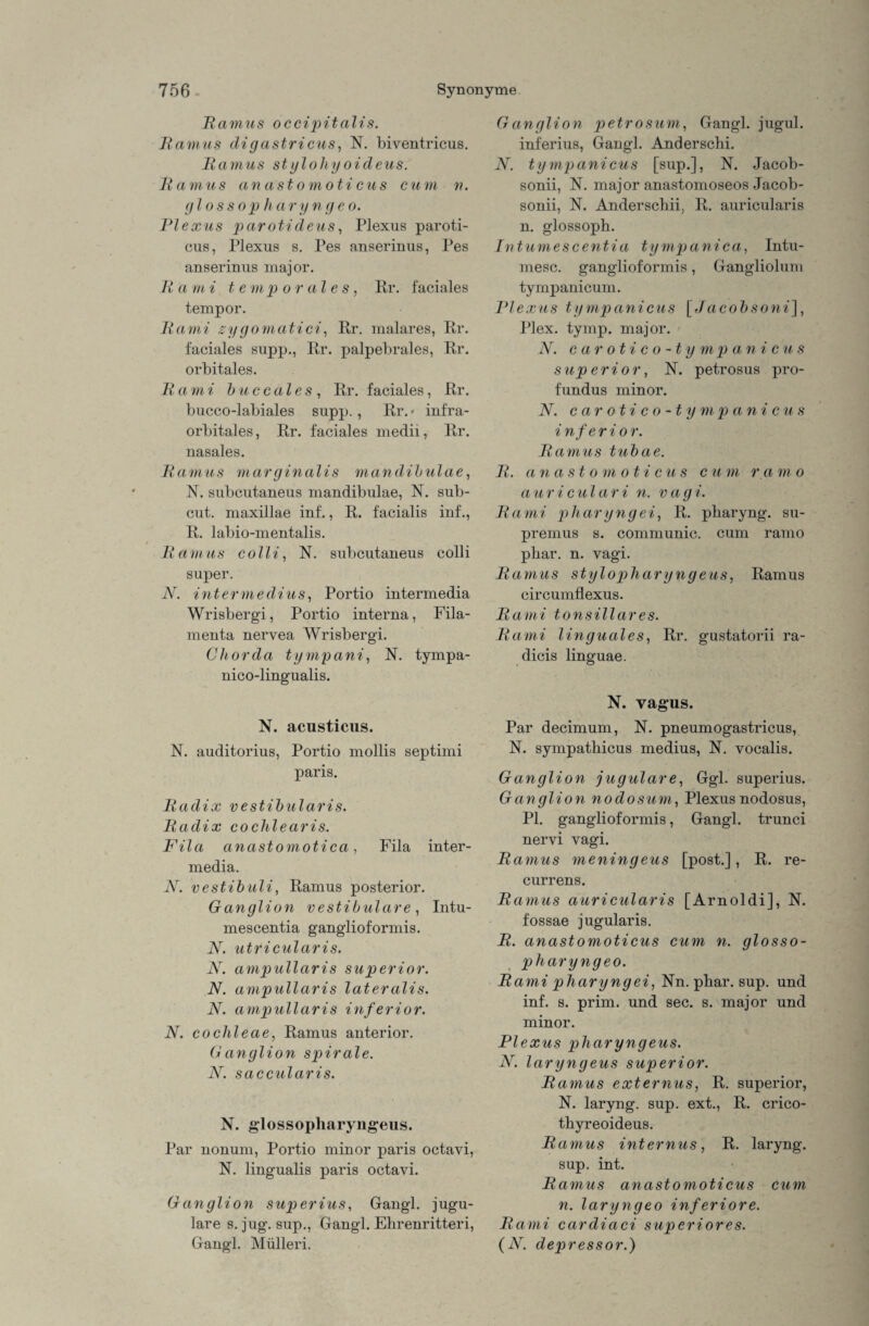 Bamus occipitalis. Barnus digastricus, N. biventricus. Bamus styloliyoideus. Bamus an a st om oticus cum n. glossopharyngeo. Plexus parotideus, Plexus paroti- cus, Plexus s. Pes anserinus, Pes anserinus major. B a m i t e m p o r al e s, Kr. faciales tempor. Bami zygomatici, Rr. malares, Kr. faciales supp., Kr. palpebrales, Rr. orbitales. Bami buccales, Rr. faciales, Rr. bucco-labiales supp., Rr.* infra- orbitales, Rr. faciales medii, Rr. nasales. Bamus marginalis mandibulae, N. subcutaneus mandibulae, N. sub- cut. maxillae inf., R. facialis inf., R. labio-mentalis. Bamus colli, N. subcutaneus colli super. N. intermedius, Portio intermedia Wrisbergi, Portio interna, Fila- menta nervea Wrisbergi. Chorda tympani, N. tympa- nico-lingualis. N. acnsticus. N. auditorius, Portio mollis septimi paris. Badix vestibularis. Badix cochlearis. Fila anastomotica, Fila inter¬ media. N. vestibuli, Ramus posterior. Ganglion vestibuläre, Intu- mescentia ganglioformis. N. utricularis. N. ampullaris superior. N. ampull aris lateralis. N. ampullaris inferior. N. cochleae, Ramus anterior. G anglion spirale. N. saccularis. N. glossopharyngeus. Par nonum, Portio minor paris octavi, N. lingualis paris octavi. Ganglion superius, Gangl. jugu- lare s. jug. sup., Gangl. Ehrenritteri, Gangl. Mülleri. G anglion petrosum, Gangl. jugul. inferius, Gangl. Anderschi. N. tympanicus [sup.], N. Jacob- sonii, N. major anastomoseos Jacob- sonii, IST. Anderscbii, R. auricularis n. glossoph. Intumescentia tympani ca, Intu- mesc. ganglioformis, Gangliolum tympanicum. Plexus tympanicus [Jacobsoni], Plex. tymp. major. N. carotico-tympa nie u s superior, N. petrosus pro- fundus minor. N. carotico-ty mp anic us i nfe r io r. Bamus tubae. B. an a st o m oticus cu m r a m o auriculari n. vagi. Bami pharyngei, R. pharyng. su- premus s. communic. cum ramo phar. n. vagi. Bamus stylopharyngeus, Ramus circumflexus. Bami tonsillares. Bami linguales, Rr. gustatorii ra- dicis linguae. N. vagus. Par decimum, N. pneumogastricus, N. sympathicus medius, N. vocalis. Ganglion jugulare, Ggl. superius. Ganglion nodosum, Plexusnodosus, PI. ganglioformis, Gangl. trunci nervi vagi. Bamus meningeus [post.], R. re¬ currens. Bamus auricularis [Arnoldi], N. fossae jugularis. B. anastomoticus cum n. glosso- pharyngeo. Bami pharyngei, Nn. phar. sup. und inf. s. prim, und sec. s. major und minor. Plexus pharyngeus. N. laryngeus superior. Bamus externus, R. superior, N. laryng. sup. ext., R. crico- thyreoideus. Bamus internus, R. laryng. sup. int. Bamus anastomoticus cum n. laryngeo inferiore. Bami cardiaci superior es. (N. depressor.)