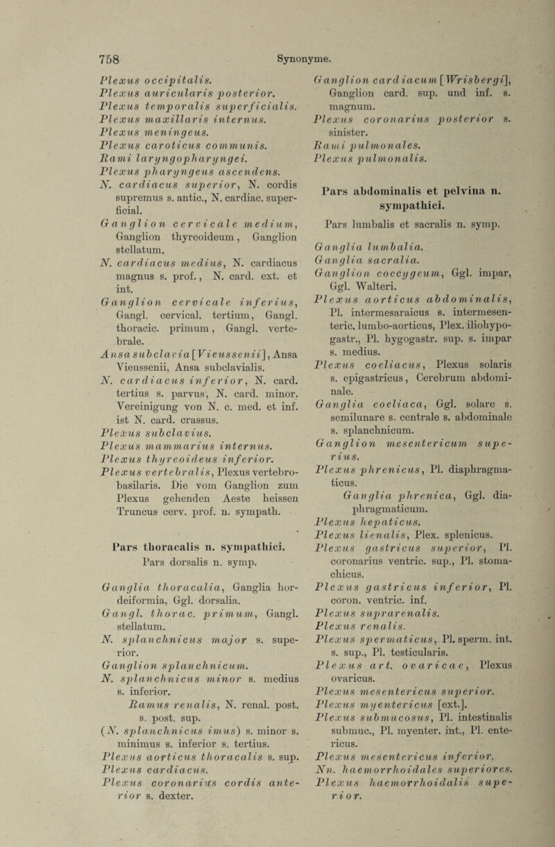 Plexus occipitalis. Plexus auricularis posterior. Plexus temporalis superficialis. Plexus maxillaris internus. Plexus meningeus. Plexus caroticus communis. Rami laryngopliaryngei. Plexus pharyngeus ascendens. N. car di a cu s superior, N. cordis supremus s. antic., N. cardiac. super¬ ficial. Ganglion cervicale m edium, Ganglion tliyreoideum, Ganglion stellatum. N. cardiacus medius, N. cardiacus magnus s. prof., N. card. ext. et int. Ganglion cervicale inferius, Gangl. cervical. tertium, Gangl. tlioracic. primum, Gangl. verte¬ brale. Ansa subclavia\Vieussenii], Ansa Vieussenii, Ansa subclavialis. N. cardiacus inferior, N. card. tertius s. parvus, N. card. minor. Vereinigung von N. c. med. et inf. ist N. card. crassus. PleXus subclavius. Plexus mammarius internus. Plexus thyreoideus inferior. Plexus vertebralis, Plexus vertebro- basilaris. Die vom Ganglion zum Plexus gebenden Aeste beissen Truncus cerv. prof. n. sympatb. ♦ Pars tlioracalis n. sympathici. Pars dorsalis n. symp. Ganglia thoracalia, Ganglia bor- deiformia, Ggl. dorsalia. Gangl. thorac. primum, Gangl. stellatum. N. splanchnicus major s. supe¬ rior. Ganglion splan chnicum. N. splanchnicus minor s. medius s. inferior. Ramus renalis, N. renal, post, s. post. sup. (N. splanchnicus imus) s. minor s. minimus s. inferior s. tertius. Plexus aorticus tlioracalis s. sup. Plexus cardiacus. Plexus coronarius cordis ante¬ rior s. dexter. G anglion card iacum [Wrisbergi], Ganglion card. sup. und inf. s. magnum. Plexus coronarius posterior s. sinister. Rami pulmonales. Plexus pulmonalis. Pars abdominalis et pelvina n. sympathici. Pars lumbalis et sacralis n. symp. Ganglia lumbalia. Ganglia sacralia. Ganglion coccygeum, Ggl. impar, Ggl. Walteri. ' Plexus aorticus abdominalis, PI. intermesaraicus s. intermesen- teric. lumbo-aorticus, Plex. iliobypo- gastr., PI. bygogastr. sup. s. impar s. medius. Plexus co eliacus, Plexus solaris s. epigastricus, Cerebrum abdomi¬ nale. Ganglia coeliaca, Ggl. solare s. semilunare s. centrale s. abdominale s. splancbnicum. G anglion mesentericum supc- r i u s. Plextis phrenicus, PI. diapbragma- ticus. Ganglia phrenica, Ggl. dia- pbragmaticum. Plexus hepaticus. Plexus lienalis, Plex. splenicus. Plexus gastricus superior, PI. coronarius ventric. sup., PI. stoma- cbicus. Plexus gastricus inferior, PI. coron. ventric. inf. Plexus suprarenalis. PI exus renalis. Plexus spermaticus, PI. si)erm. int. s. sup., PI. testicularis. Plexus art. ovaricae, Plexus ovaricus. Plexus mesentericus superior. Plexus myentericus [ext.]. Plexus submucosus, PI. intestinalis submuc., PI. myenter. int., PI. ente- ricus. Plexus mesentericus inferior. Kn. haemorrlioidales superior es. Plexus haemorrhoidalis supe¬ rior.