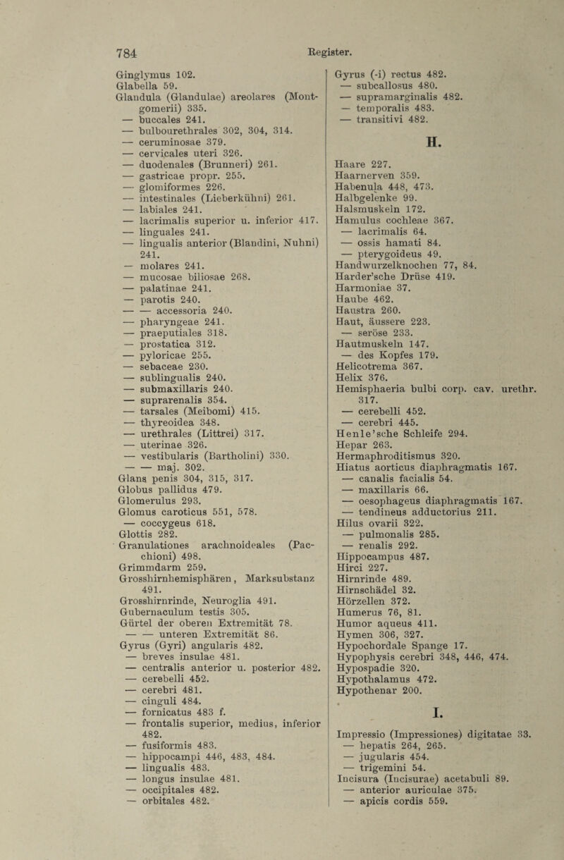 Ginglymus 102. Glabella 59. Glandula (Glandulae) areolares (Mont- gomerii) 335. — buccales 241. — bulbourethrales 302, 304, 314. — ceruminosae 379. — cervicales uteri 326. — duodenales (Brunneri) 261. — gastricae propr. 255. — glomiformes 226. — intestinales (Lieberkühni) 261. — labiales 241. — lacrimalis superior u. inferior 417. — linguales 241. — lingualis anterior (Blandini, Nuhni) 241. — molares 241. — mucosae biliosae 268. — palatinae 241. — parotis 240. — — accessoria 240. — pharyngeae 241. — praeputiales 318. — prostatica 312. — pyloricae 255. — sebaceae 230. — sublingualis 240. — submaxillaris 240. — suprarenalis 354. — tarsales (Meibomi) 415. — thyreoidea 348. — urethrales (Littrei) 317. — uterinae 326. — vestibularis (Bartholini) 330. — — maj. 302. Glans penis 304, 315, 317. Globus pallidus 479. Glomerulus 293. Glomus caroticus 551, 578. — coccygeus 618. Glottis 282. Granulationes arachnoideales (Pac- chioni) 498. Grimmdarm 259. Grosshirnhemisphären, Marksubstanz 491. Grosshirnrinde, Neuroglia 491. Gubernaculum testis 305. Gürtel der oberen Extremität 78. — — unteren Extremität 86. Gyrus (Gyri) angularis 482. — breves insulae 481. — centralis anterior u. posterior 482. — cerebelli 452. — cerebri 481. — cinguli 484. — fornicatus 483 f. — frontalis superior, medins, inferior 482. — fusiformis 483. — hippocampi 446, 483, 484. — lingualis 483. — longus insulae 481. — occipitales 482. — orbitales 482. Gyrus (-i) rectus 482. — subcallosus 480. — supramarginalis 482. — temporalis 483. — transitivi 482. H. Haare 227. Haarnerven 359. Habenula 448, 473. Halbgelenke 99. Halsmuskeln 172. Hamulus cochleae 367. — lacrimalis 64. — ossis hamati 84. — pterygoideus 49. Handwnrzelknochen 77, 84. Harder’sche Brüse 419. Harmoniae 37. Haube 462. Haustra 260. Haut, äussere 223. — seröse 233. Hautmuskeln 147. — des Kopfes 179. Helicotrema 367. Helix 376. Hemisphaeria bulbi corp. cav. urethr. 317. — cerebelli 452. — cerebri 445. Henle’sche Schleife 294. Hepar 263. Hermaphroditismus 320. Hiatus aorticus diaphragmatis 167. — canalis facialis 54. — maxillaris 66. — oesophageus diaphragmatis 167. — tendineus adductorius 211. Hilus ovarii 322. — pulmonalis 285. — renalis 292. Hippocampus 487. Hirci 227. Hirnrinde 489. Hirnschädel 32. Hörzellen 372. Humerus 76, 81. Humor aqueus 411. Hj^men 306, 327. Hypochordale Spange 17. Hypophysis cerebri 348, 446, 474. Hypospadie 320. Hypothalamus 472. Hypothenar 200. • I. Impressio (Impressiones) digitatae 33. — hepatis 264, 265. — jugularis 454. — trigemini 54. Incisura (Iucisurae) acetabuli 89. — anterior auriculae 375. — apicis cordis 559.