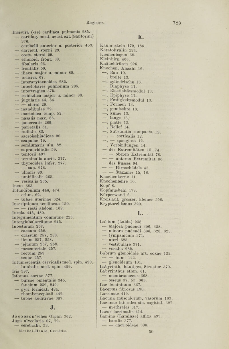 Incisura (-ae) cardiaea pulmonis 285. — cartilag. meat. acust. ext.(Santorini) 376. — cerebelli anterior u. posterior 453. —• clavicul. sterni 29. — costt. sterni 29. — ethmoid. front. 58. — fibularis 93. — frontalis 59. — iliaca major u. minor 88. — incisiva 67. — interarytaenoidea 282. — interlobares pulmonum 285. — intertragica 375. — isebiadica major u. minor 88. — jugularis 44, 54. — — sterni 29. — mandibulae 72. — mastoidea temp. 52. — nasalis max. 65. — pancreatis 269. — parietalis 51. — radialis 83. — sacroiscliiadicae 90. — scapulae 79. — semilunaris uln. 82. — supraorbitalis 59. — tentorii 497. — terminalis auric. 377. — thyreoidea infer. 277. -sup. 276. — ulnaris 83. — umbilicalis 265. — vesicalis 265. Incus 383. Infundibuium 446, 474. — etlim. 62. — tubae uterinae 324. Inscriptiones tendineae 150. -— recti abdom. 162. Insula 445, 480. Integumentum commune 223. Interglobulavräume 245. Intestinum 257. — caecum 258. — crassum 257, 258. — ileum 257, 258. — Jejunum 257, 258. — mesenteriale 257. — rectum 259. — tenue 257. Intumescentia cervicalis med. spin. 429. — lumbalis med. spin. 429. Iris 397. Isthmus aortae 577. — bursae omentalis 345. — faucium 239, 249. — gyri fornicati 484. — rhombencepliali 442. — tubae auditivae 387. J. Jacobson’sclies Organ 362. Juga alveolaria 67, 72. — cerebralia 33. Merkel-Henle, Grundriss. K. Kaumuskeln 179, 186. Keratohyaliu 224. Kiemenbogen 38. Kleinhirn 466. Knäueldrüsen 226. Knochen, Anzahl 16. —, Bau 10. —, breite 13. —, cylindrische 13. -, Diapliyse 11. —, Elasticitätsmodul 13. —, Epiphyse 11. —, Festigkeitsmodul 13. —, Formen 13. —, gemischte 13. —, kurze 13. —, lange 13. —, platte 13. —, Relief 14. —, Substantia compacta 12. —, — corticalis 12. —, — spongiosa 12. —, Verbindungen 14. — der Extremitäten 15, 74. — — oberen Extremität 78. — — unteren Extremität 86. — des Fusses 94. -üirnschädels 43. — — Stammes 15, 16. Knochenkerne 11. Knochenlehre 10. Kopf 8. Kopfmuskeln 179. Kör per wand 6. Kreislauf, grosser, kleiner 556. Kryptorchismus 320. L. Labium (Labia) 238. — majora pudendi 306, 328. — minora pudendi 306, 328, 329. — tympanicum 371. — uteri 325. — vestibuläre 371. — vocalia 282. Labrum glenoidale art. coxae 132. — — hum. 122. — glenoideum 101. Labyrinth, häutiges, Structur 370. Labyrinthus etlim. 61. — membrauaceus 368. — osseus 37, 53, 365. Lac femininum 337. Lacertus fibrosus 190. Lacrimae 419. Lacuna musculorum, vasorutn 163. Lacunae laterales sin. sagittal. 627 — urethrales 317. Lacus lacrimalis 414. Lamina (Laminae) atfixa 499. — basalis 377. — — eliorioideae 396. 50